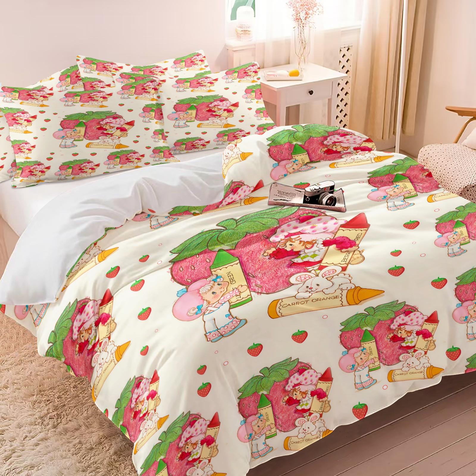 Vintage Strawberry Girl Cartoon 3-Piece Duvet Cover Set, Ultra-Soft Microfiber Bedding with 2 Pillowcases, Cute Kawaii Style Bedding for Kids Girls Bedroom Dorm Decor