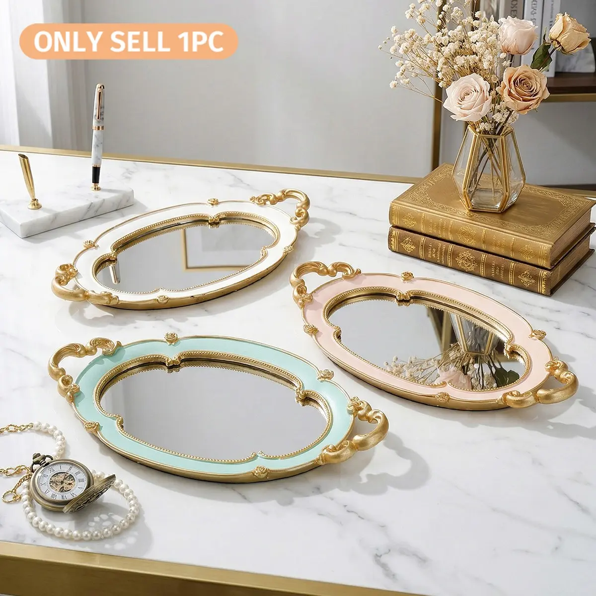 French Luxury Resin Mirror Tray, Embossed Design, Ideal for Wedding Decor, Party Setup, Makeup Vanity, Bathroom Storage