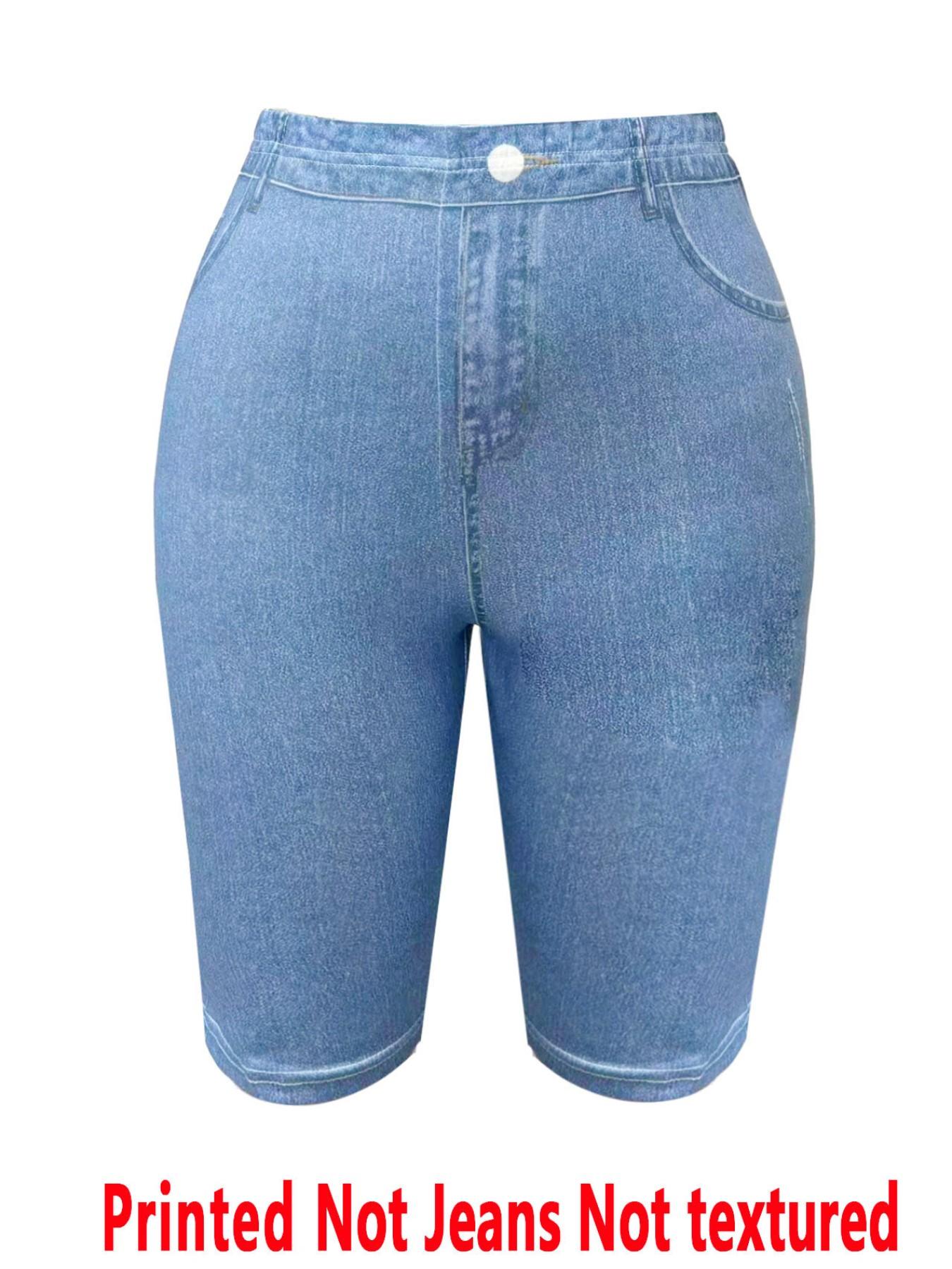 Women's Printed Skinny Pants Non-Denim Fabric, Ladies Half-Length Shorts, Faux Denim Print Bottoms, All Seasons Clothing