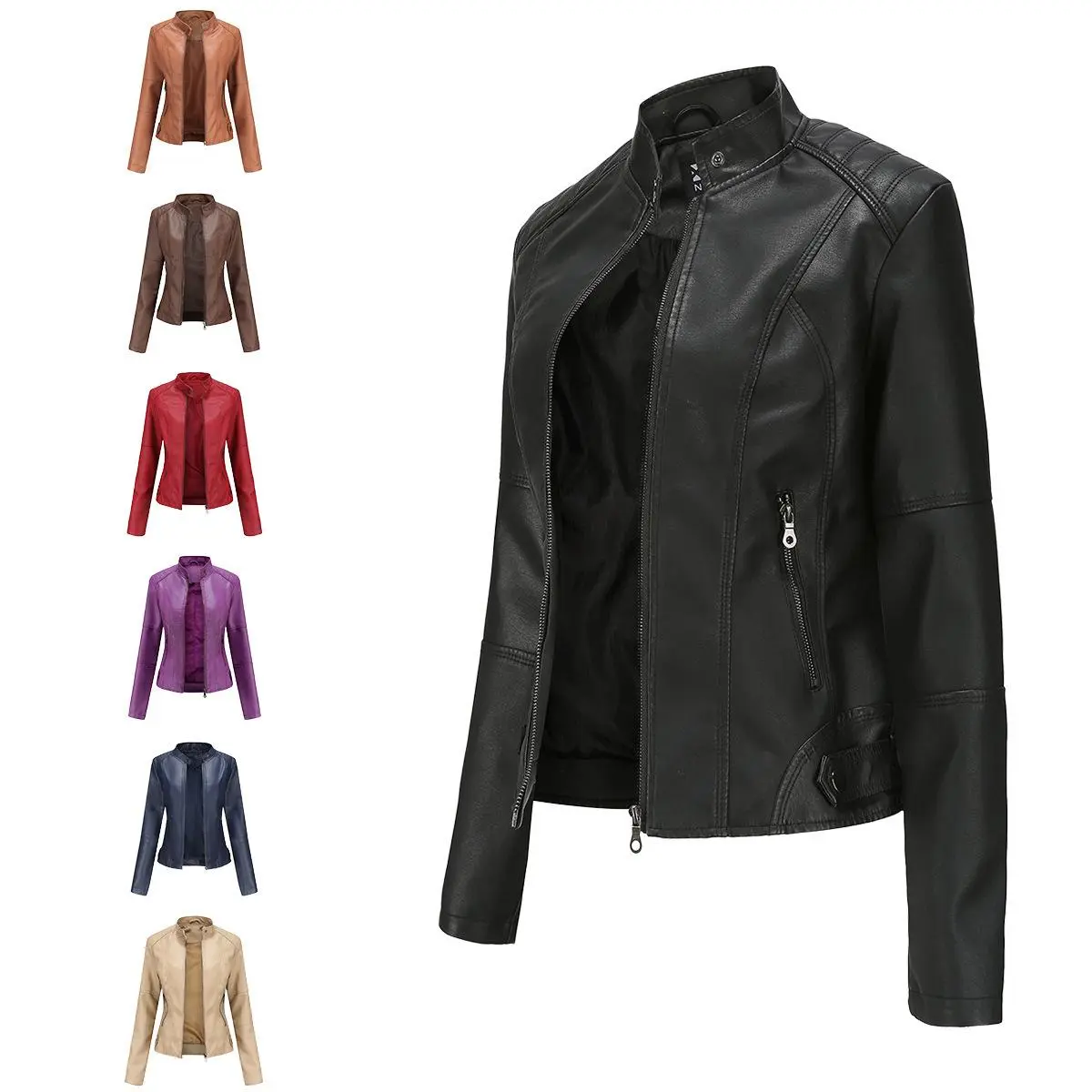 Women's faux leather jacket, bomber jacket style, PU leather motorcycle jacket, solid color, stand collar, zipper closure, long sleeves, slim fit, lightweight, suitable for spring and autumn