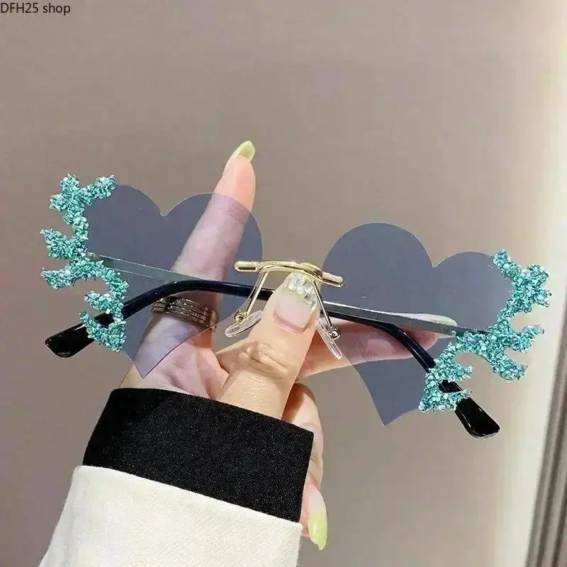 Heart Shape Rimless Sunglasses for Women, Pink Tinted Lenses With Rhinestone Detail, Lightweight Fashion Eyewear With UV Protection for Parties, Street Style and Daily Wear