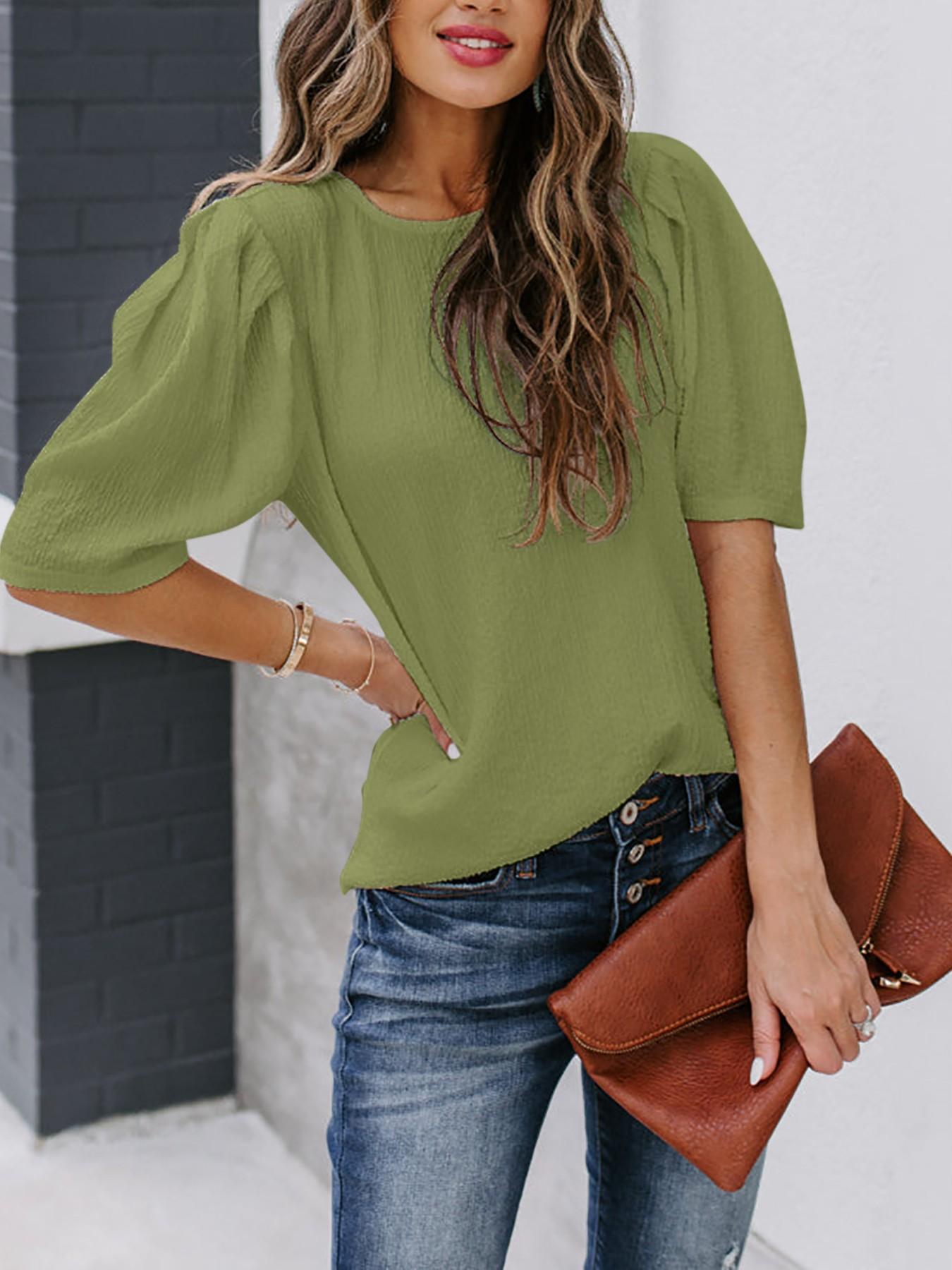 French Bubble Sleeve Solid Color T-Shirt for Women, Summer Simple Round Neck Short Sleeve Top, European and American Style Casual Basic Shirt