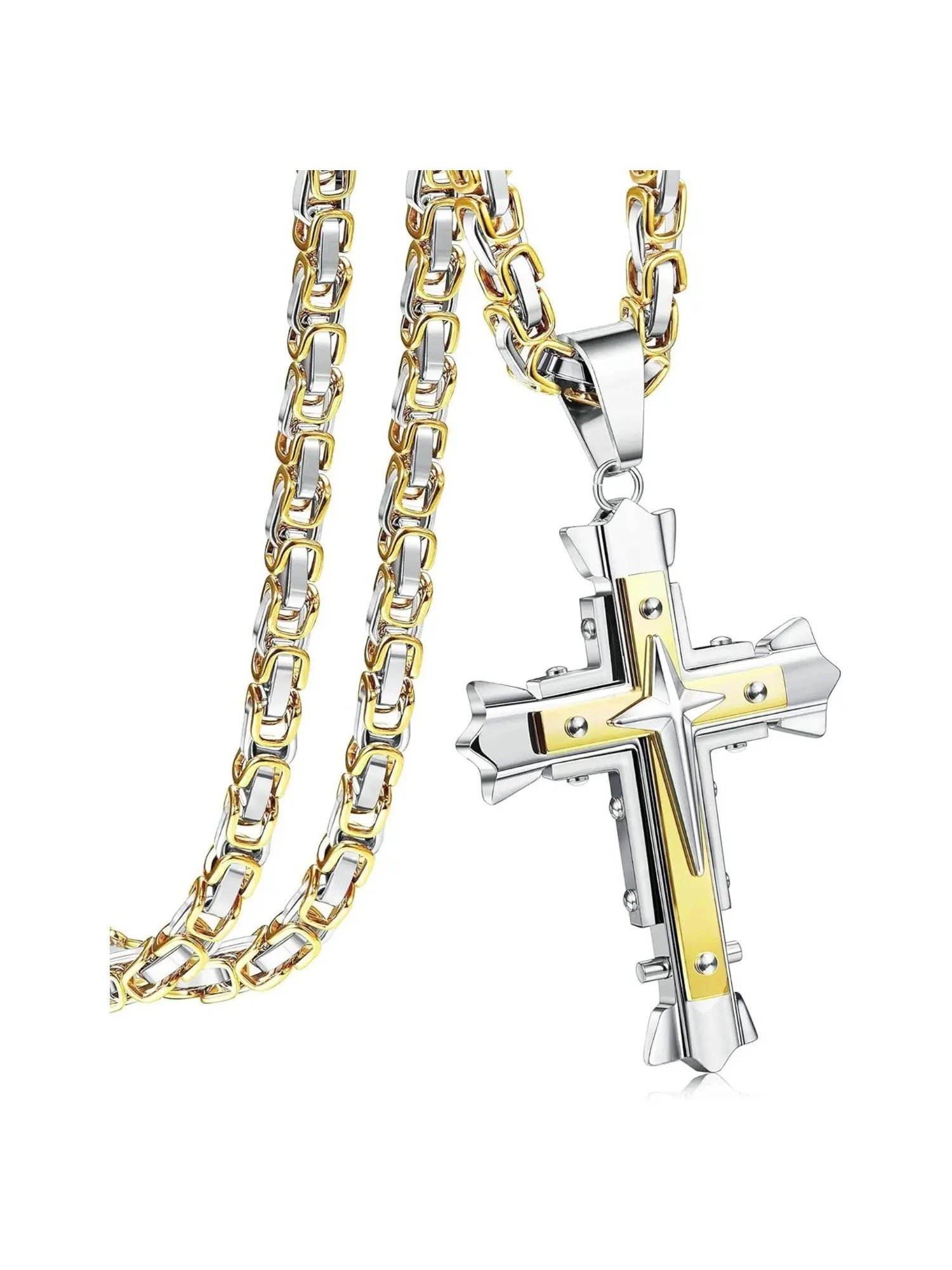 1 Pc Golden Men's Cross Pendant Necklace For Women Men Faith Necklace Stainless Steel Cross Chain Necklace Byzantine Chain Cuban Cross Necklace Pendant Cross 56/61/71CM Stainless Steel Jewelry Set