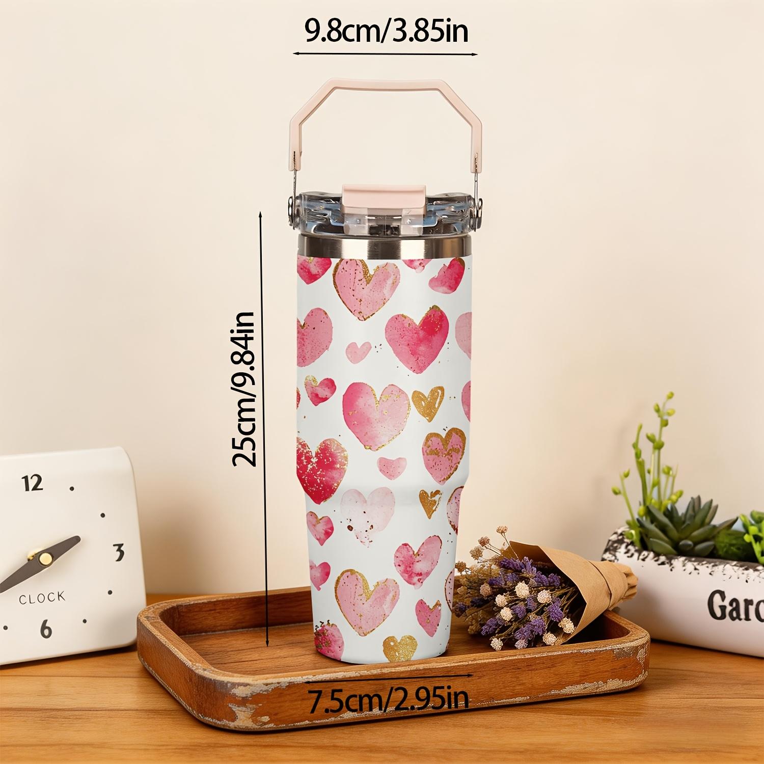 30oz Heart Pattern Stainless Steel Cup, portable handhold design, reusable travel mug. Made of 304 stainless steel, fits hot and cold drinks. Perfect gift for birthday, holiday, graduation, back-to-school, Christmas and Halloween.