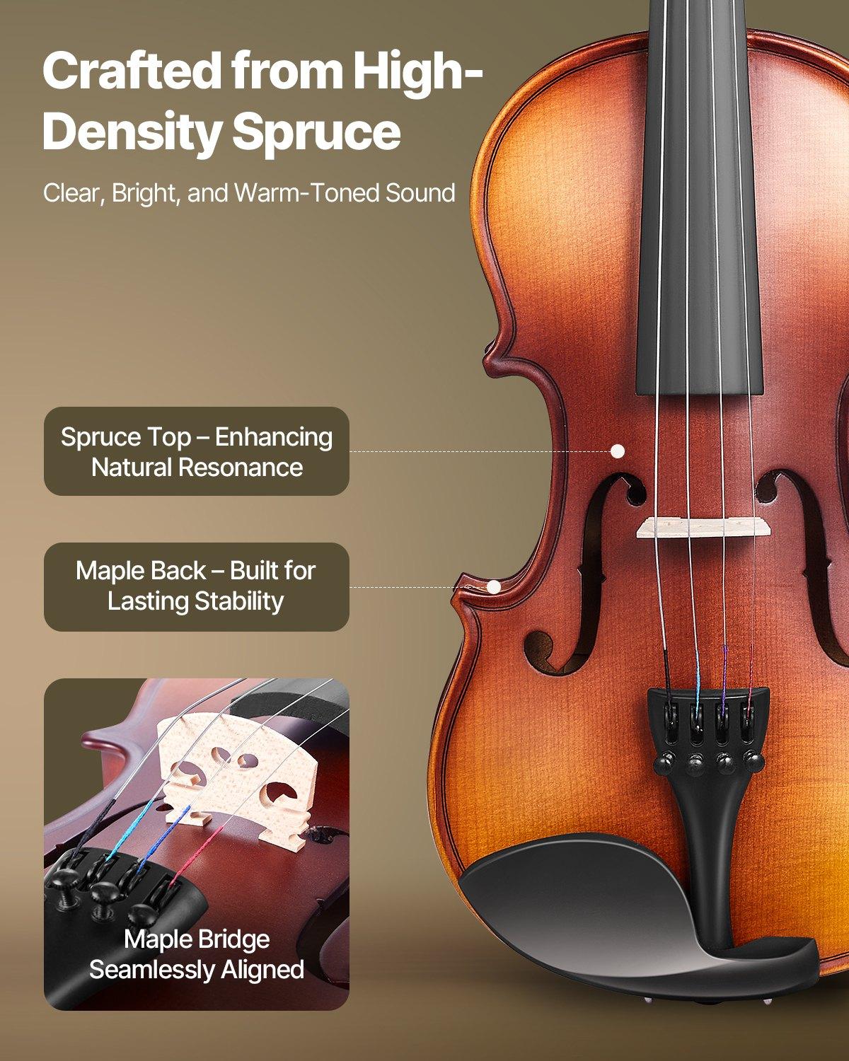 VEVOR 1/2 Size Solidwood Violin Full Kit, Professional Brown Musical Instrument for Beginners, Includes Hard Case, Rosin, Bow, Shoulder Rest, Bridge, Tuner, Extra Strings