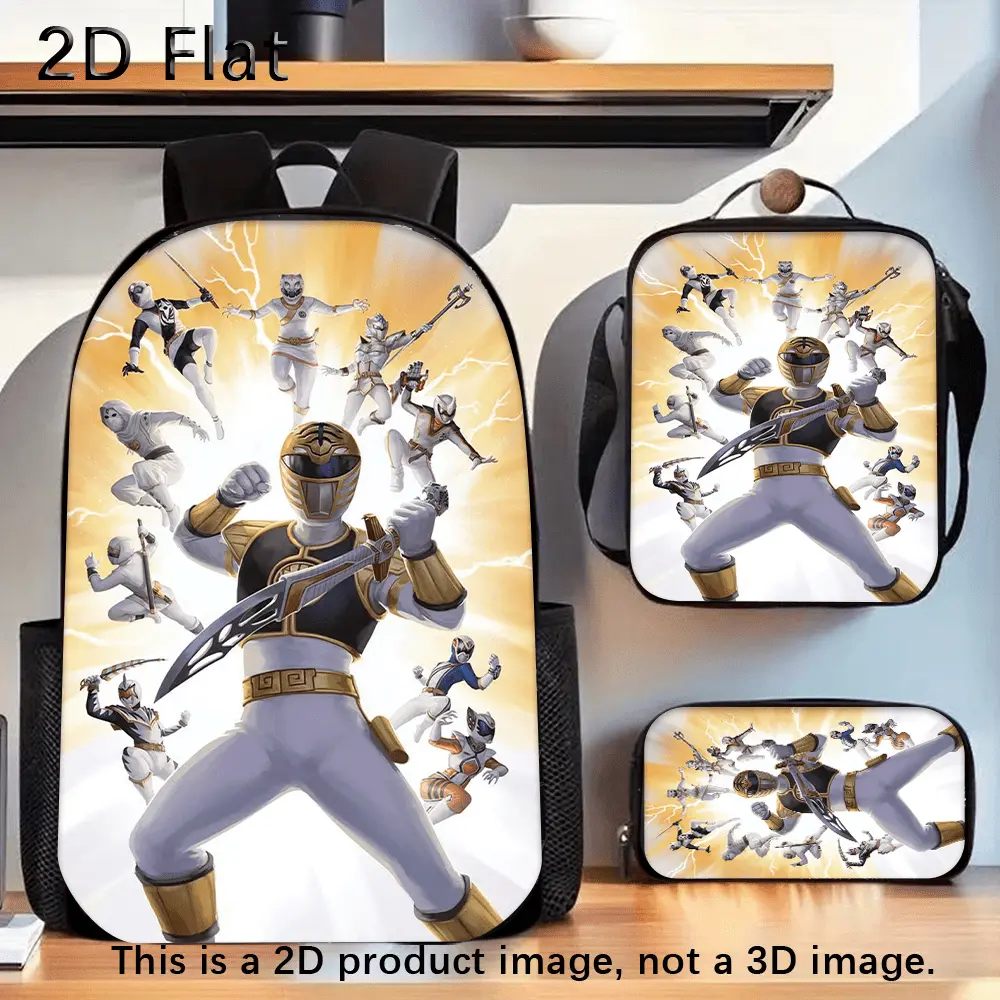 Durable Water Resistant 3-Piece Backpack Set for Kids, Lightweight School Bag with Lunch Box, Warm Golden Burst White Tiger Ranger Team Group Anime Print, Includes Large Rucksack, Thermal Lunch Tote & Stationery Pouch