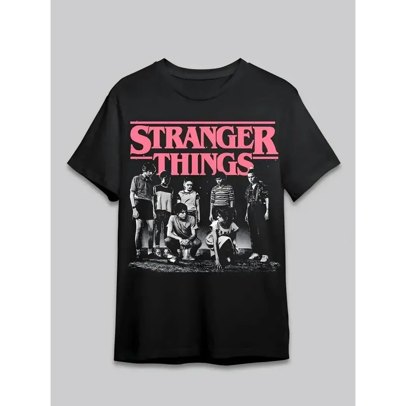 Men's Stranger Things Retro Character Short-Sleeve T-Shirt - Hawkins Crew Tee, Soft Denim Garment, Cardigan-Style Menswear Garments, 80s Nostalgia Top for TV Show Fans, Casual Breathable, Cardigans, Shortsleeve, Cotton, Aesthetic, Tops, Round Neck, Stylis