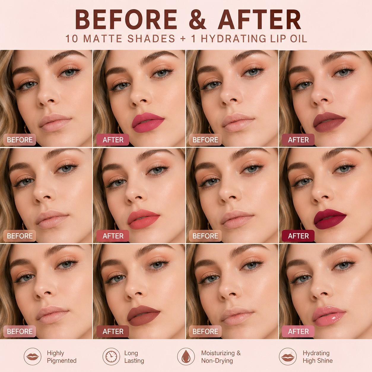 10Pcs Matte Lip Tint Set, Waterproof Transfer-Proof Lipstick, High Pigment Velvet Smooth Lip Gloss, Long Lasting Daily Lip Makeup, Gift Choice For Women