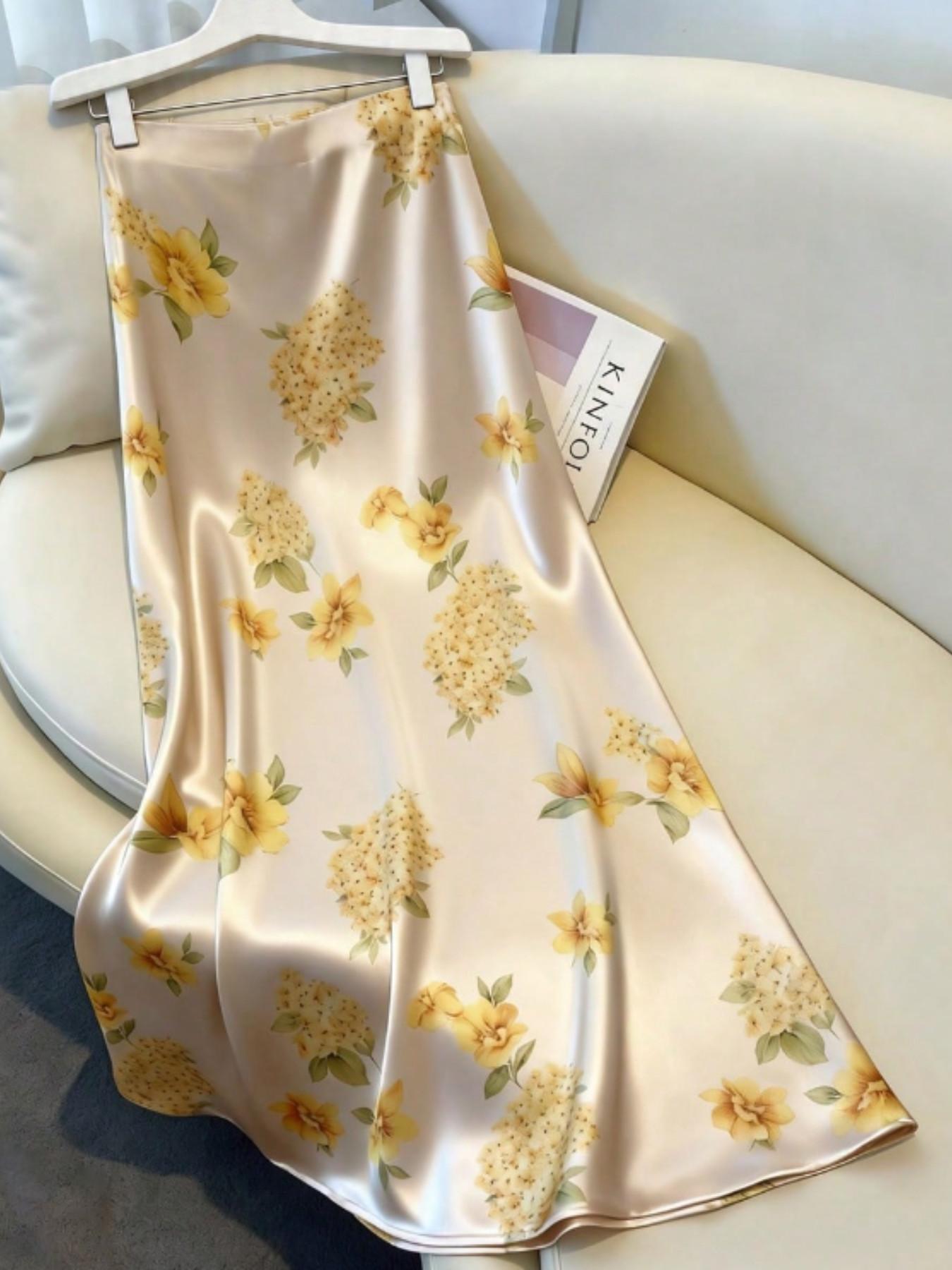 Elegant Champagne Floral Fish Tail Midi Dress, High Waist Flowy Satin Print Skirt, Medium-Length Bodycon Long Dress