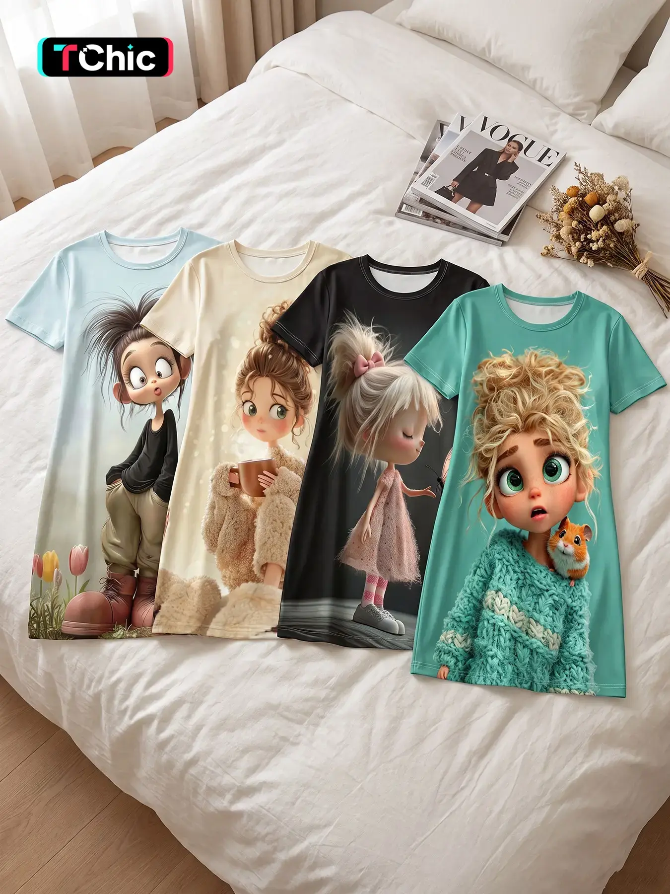 Women's 4 Pack Crew Neck Short Sleeve Sleep Dress, All Season Wear, Multi-scene Cartoon Girl Hamster Butterfly Print, Rich Healing Style, Casual Nightgown for Home Loungewear, Nightwear