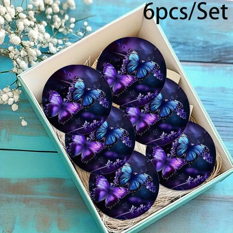 6Pcs Round Shape Purple Butterfly Motif Lavender Acrylic Coaster Set - Galaxy Print, Gloss Paint, Heat Resistant, for Home Tabletop & Car Cup Holders (Hot Rod Red), Circular, Gloss Acrylic