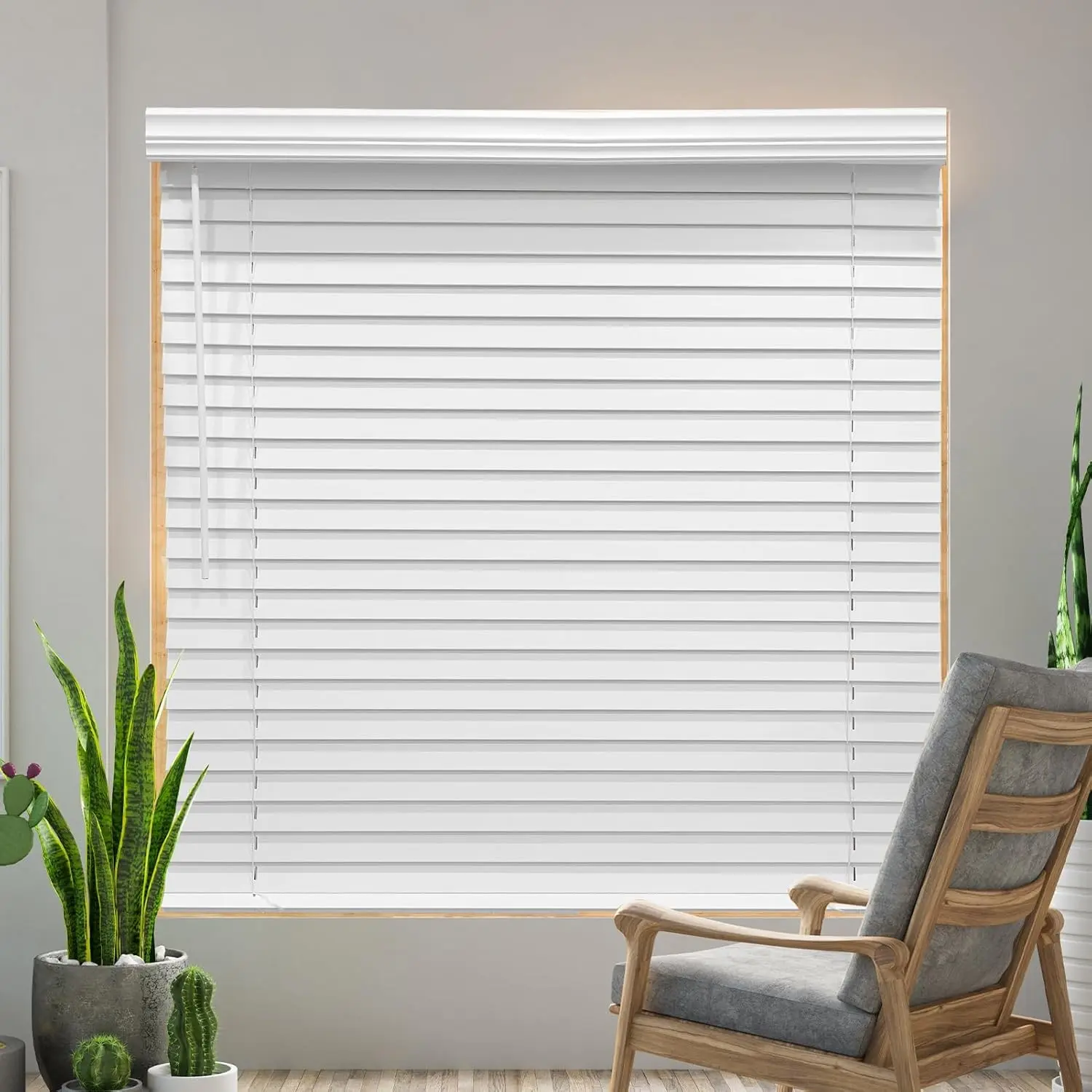 Cordless Faux Wood Blinds 34" W x 36" H 2 Inch Slat Horizontal Window Blinds with Crown Valance Room Darkening White Blinds for Home Interiors