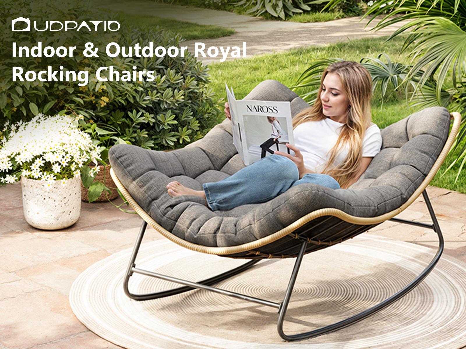 UDPATIO Outdoor Rocking Chair with Oversized Cushion Indoor/Outdoor Lounge Rocker for Greenish Garden Luxury Lounge Relax Leisure LivingRoom Furniture SpringGardening
