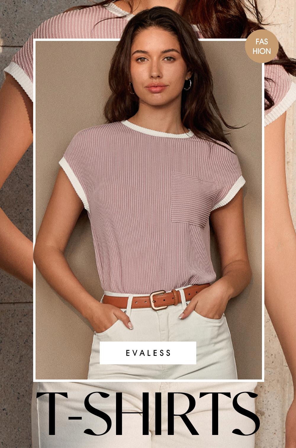 EVALESS Women's Casual T Shirts Crewneck Short Sleeve Color Block Ribbed Knitwear Slim Fitted Blouses Tops 2026 Trendy Minimalist Womenswear Summer Springtok Outfits