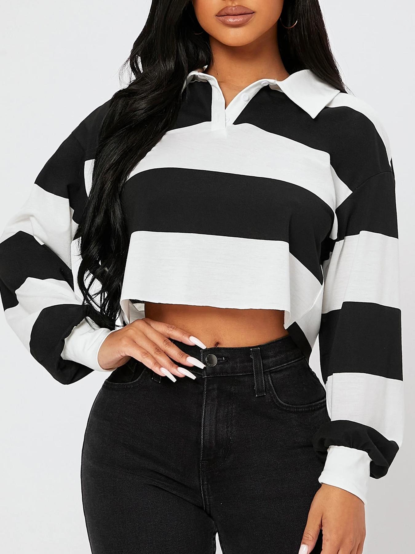 Women's Casual Striped Long Sleeve Shirt Collar Top, Fitted Woven Fabric, All Season Wear, Comfortable Commuter Style Tee, Casual Fashion Shirt, Womenswear