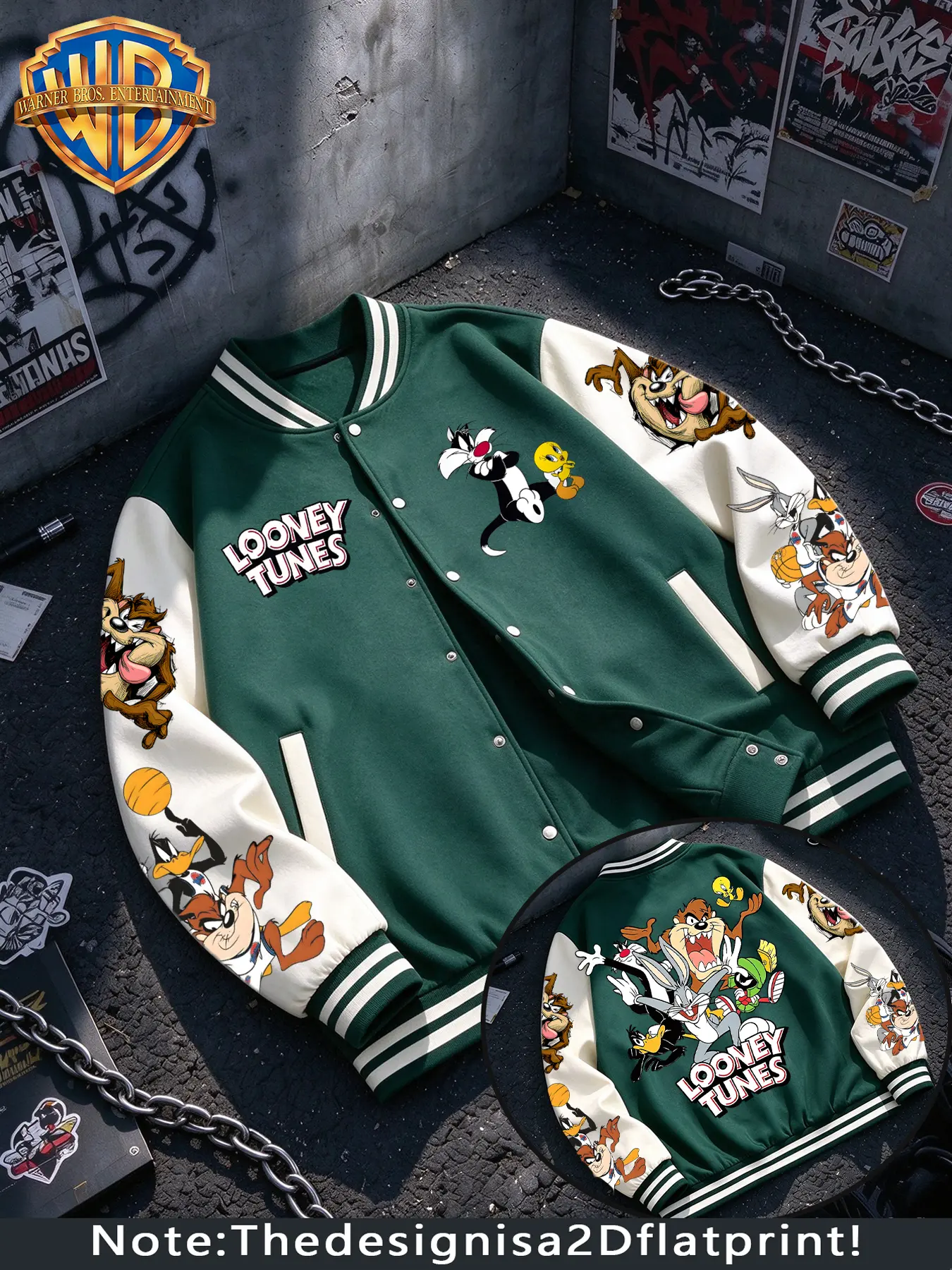 Looney Tunes Bugs Bunny Tweety Sylvester All Cast Light Blue Retro Varsity Jacket, Streetwear Color Block Rib Collar Coat, Fleece Warm Fall Winter, Outdoor Trip Daily Wear, Perfect Christmas Gift for Family Friends, Unisex