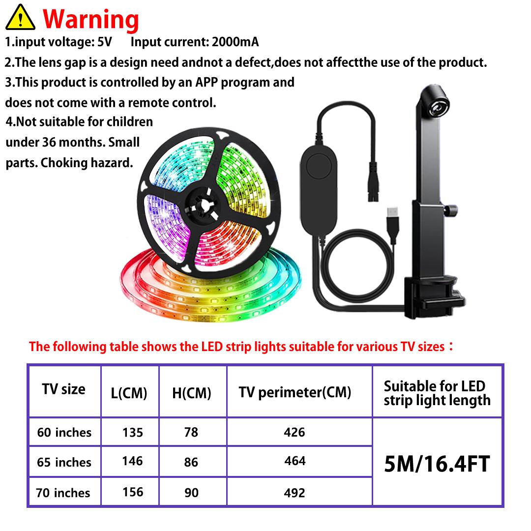 Smart TV Backlight LED Sync Lights for 55-65 Inch TVs, USB Powered Music Sync with Multiple Scene Modes, Ideal for Gaming and Display