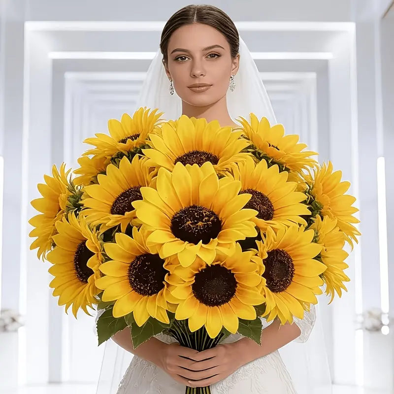 The simulated sunflower bouquet is suitable for wedding table decorations, bride's boutonniere, and home decor. It includes blooming flowers and sturdy stems.