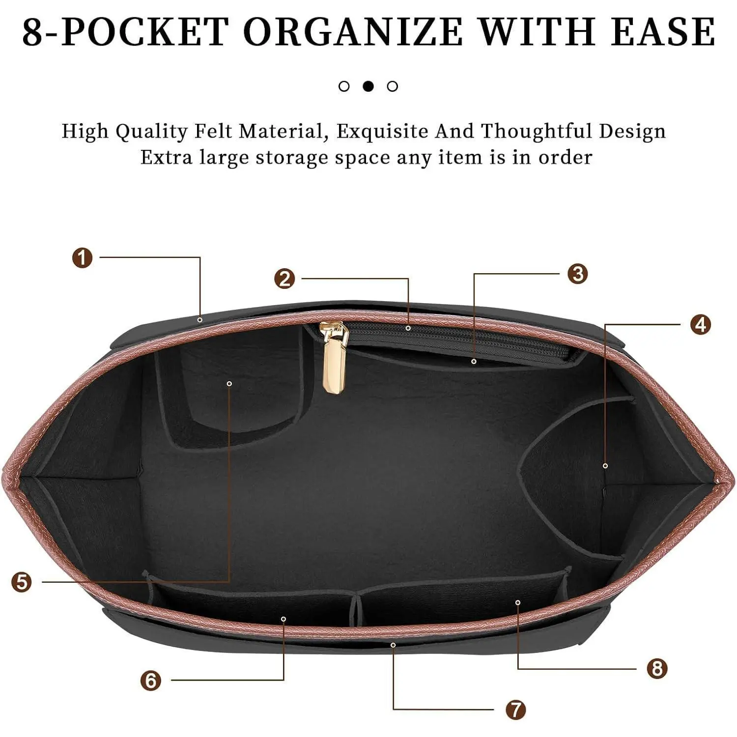 Leather-Edged Felt Purse Organizer Insert for Longchamp Le Pliage Tote - Handbags Storage Organizer with Cup Holder, Travel Pouch (Black, Large)