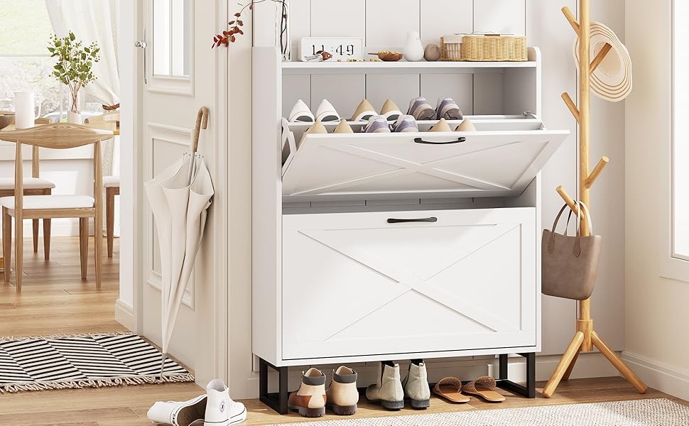 Vabches Entryway Shoe Storage Cabinet with Flip Drawers, Freestanding Shoe Organizer with Metal Legs, Slim Shoe Rack Cabinet