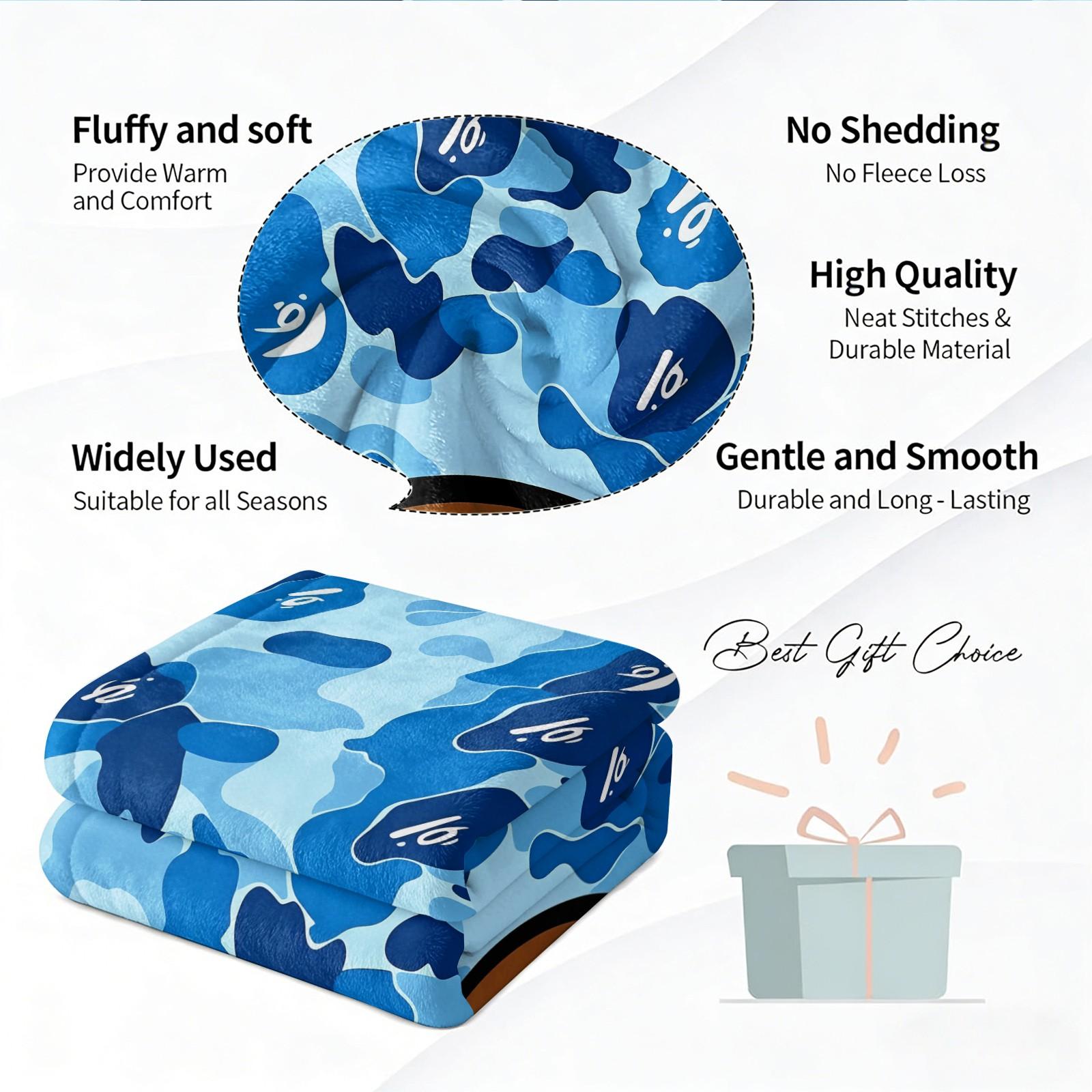 Blue Camouflage Cartoon Ape Red Star Lightning Bolts Flannel Blanket, Soft and Lightweight Durable, Ideal for Bedroom Dorm Gaming Room Decor, Sofa Throw Cover, Office Nap Mat, Car Cover Blanket and Cool Gift