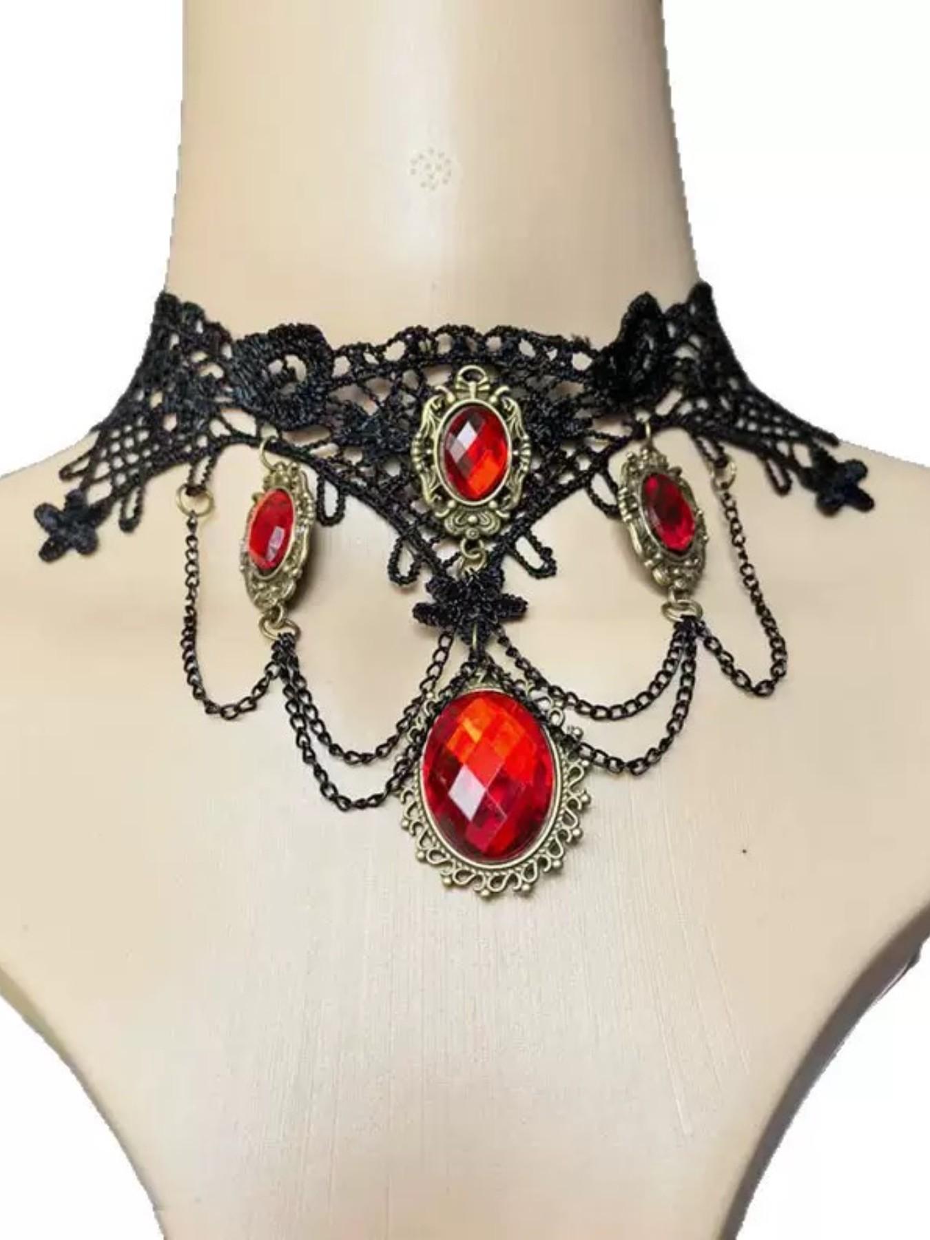 Vintage Court Necklace, Gothic Halloween Dark Princess Lace Choker, Unique Chain Print Accessory, Party Style, All Seasons