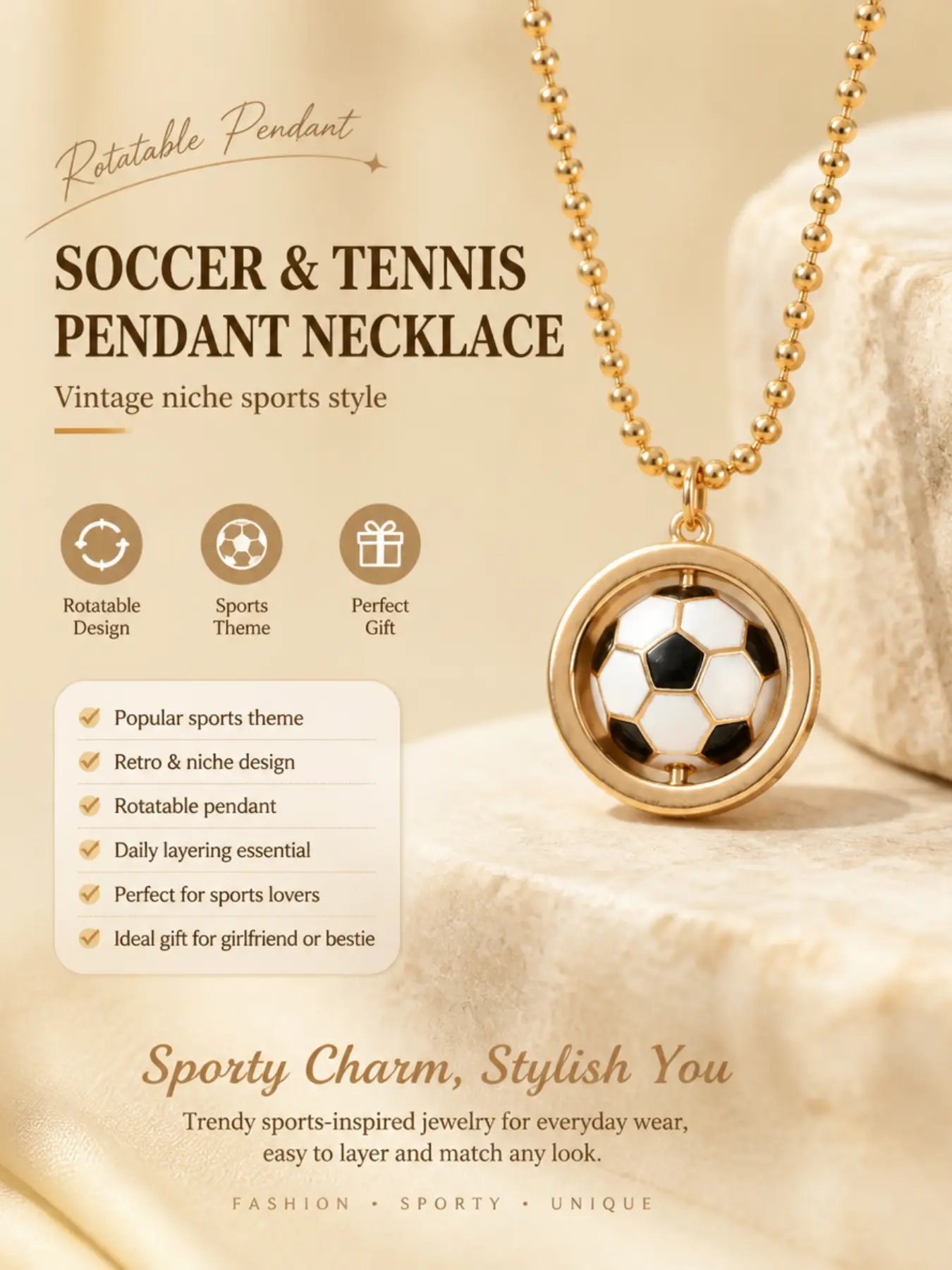 Trendy Football Tennis Pendant Necklace, Vintage Sporty Rotatable Chain, Women's Fashion Jewelry, Ideal for Sports Lovers, Gift for Friends