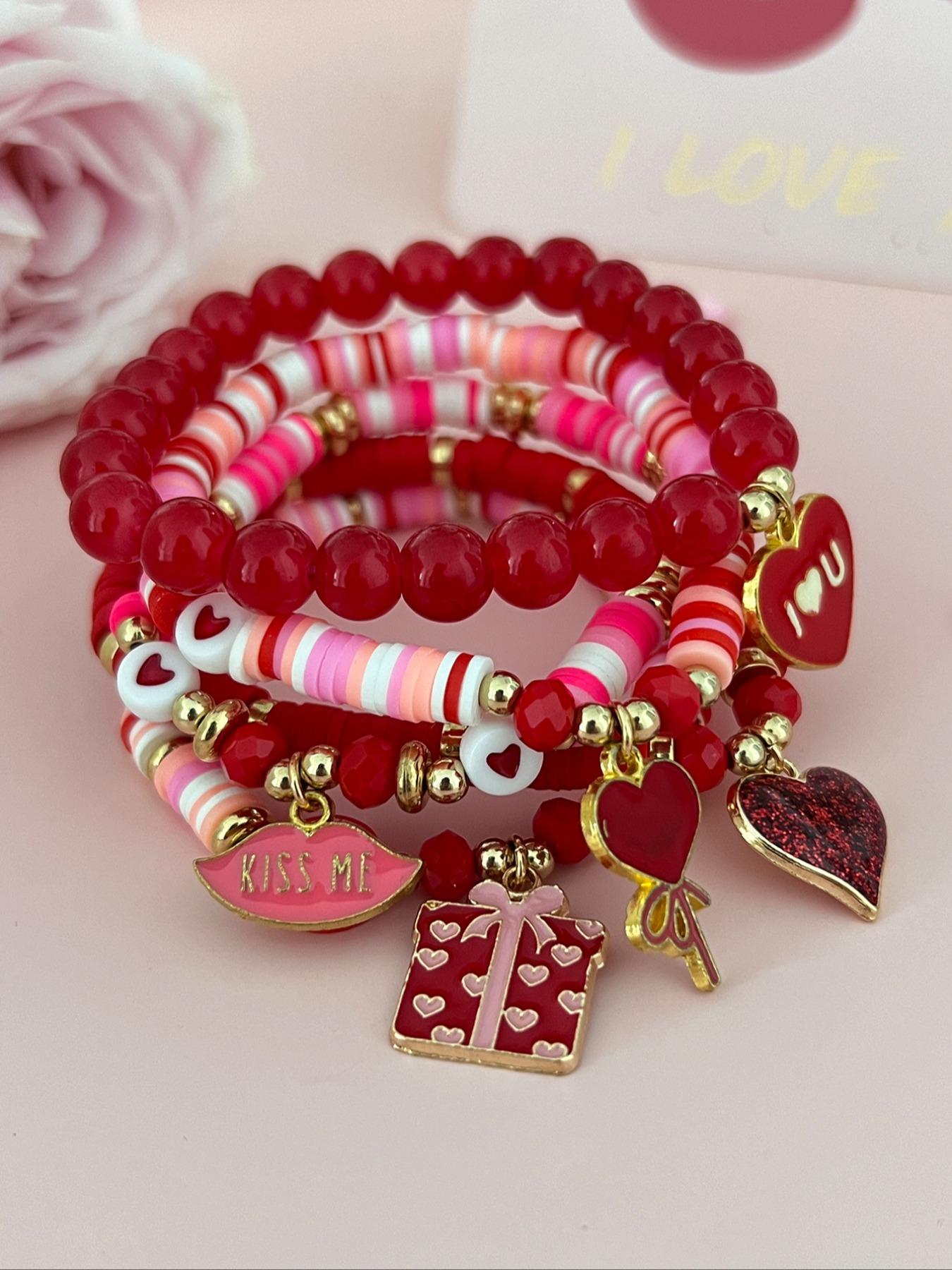 Women's Beaded Charm Bracelet Set, Soft Pottery Chain Material, Heart Pattern Design, Ideal Gift for Women & Girls, All-Season Jewelry