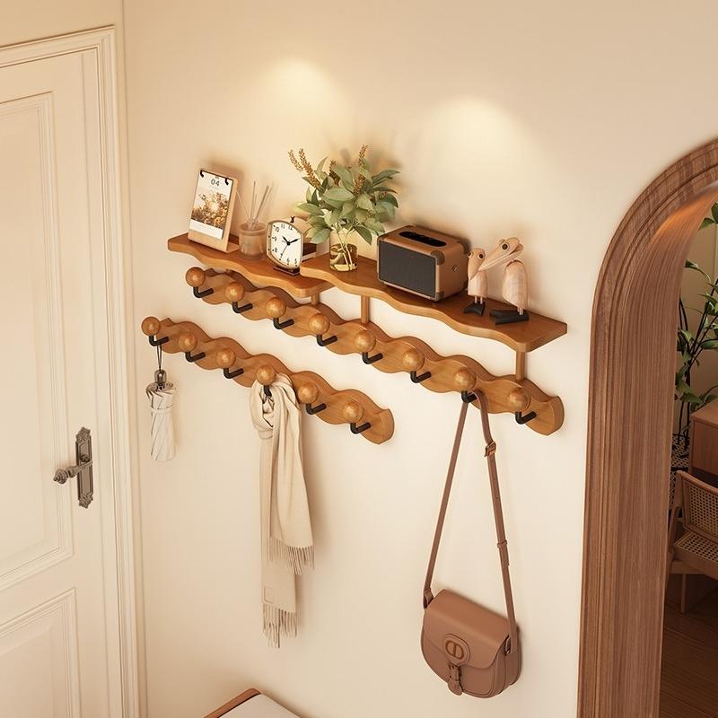 Modern Simple Coat Rack with Multiple Hooks, Wall-Mounted Bamboo Clothes Hanger, Wall Mounted Shelf, Stable and Durable, Suitable for Entryway, Bedroom, Bathroom, Wall Mount Design