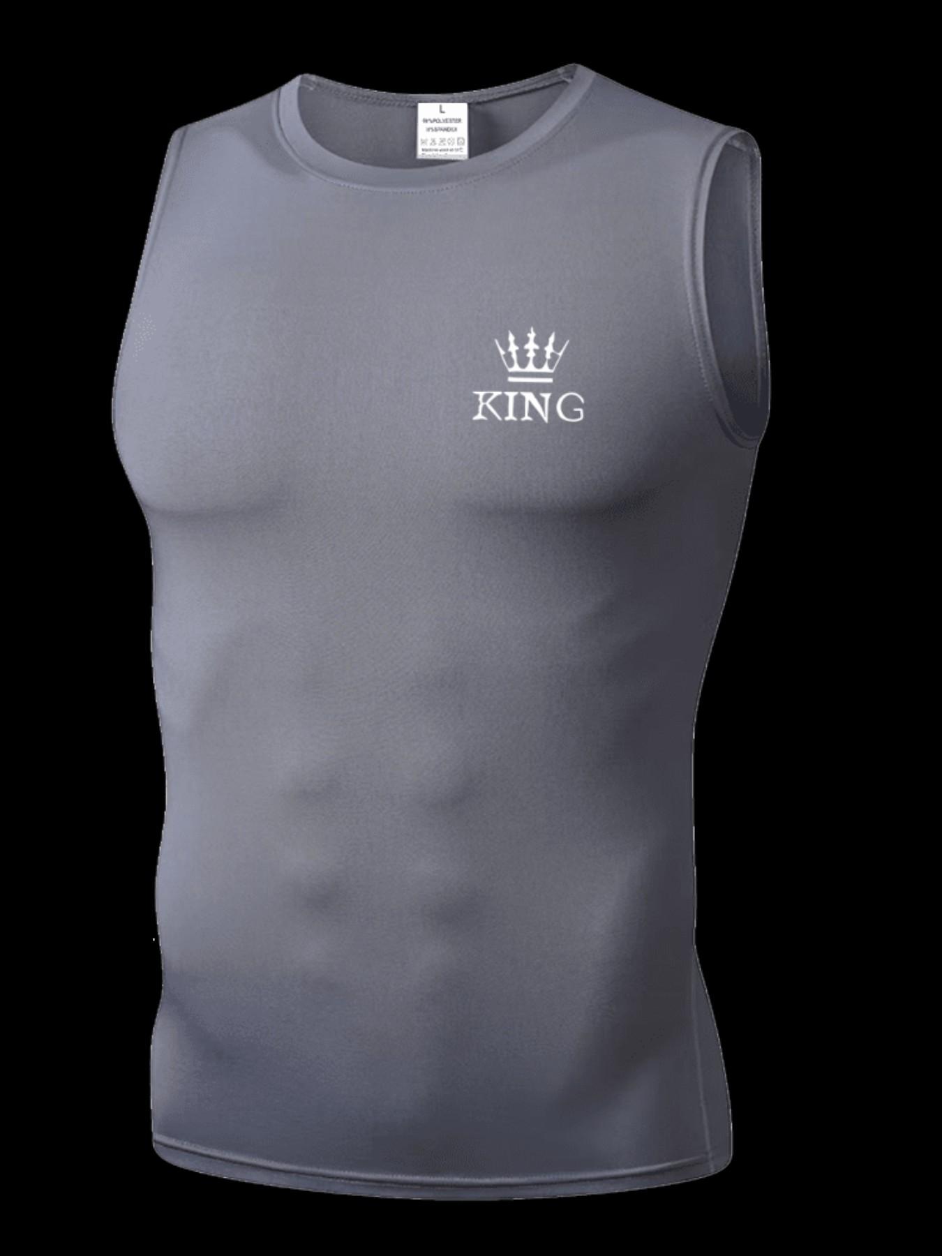 Men's Short Sleeve Sporty Tee, Quick-Dry Breathable Knit Fabric, King Pattern Print, Ideal for Gym, Running, Boxing, Outdoor Activities