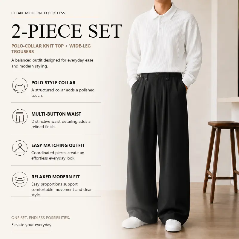 Men's Coordinated 2-Piece Knit Outfit, Polo Collar Ribbed Knit Sweater with Straight Leg Tailored Pants, 8 Curated Solid Color Pairings, Sizes S-XXL, Daily Work Travel Style, Group 1