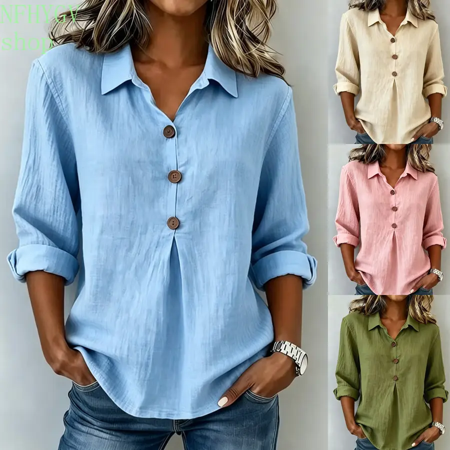 Women’s Collared Linen Cotton Blouse With 3/4 Sleeves, Loose Relaxed Fit Tunic Top Featuring Wooden Buttons And Pleated Front, Breathable Lightweight Casual Shirt For Office, Daily Wear, Shopping, Weekends And Vacation Outfits