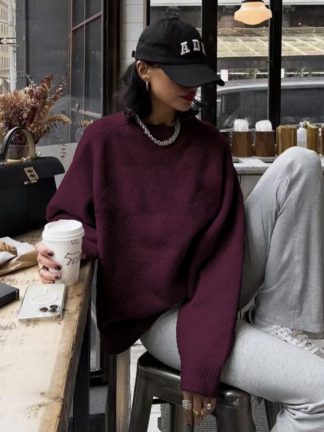 Women's Loose-Fitting Casual Knit Sweater, Soft Round Neck Long Sleeve Pullover, Simple Comfortable Solid Color Fashion Top