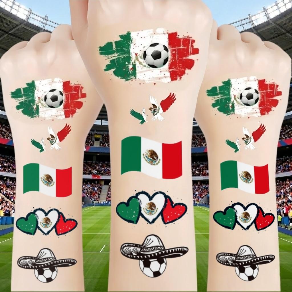 5 PCS Set Mexican Flag Football Temporary Tattoos, Waterproof Fan Face Stickers, Sports Event Party Body Decorations, Facial Arm Use