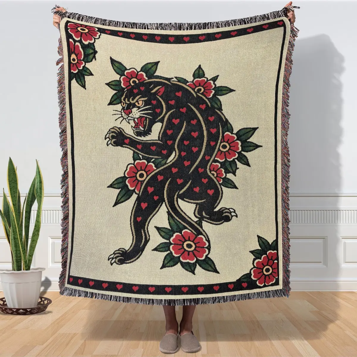 Multifunctional Yarn Woven Fringe Blanket, Bohemian Beach Throw, Decorative Blankets with Black Panther Floral Print, Thick, soft, washable and easy to maintain, fade-proof& anti-pilling, Ideal indoor& outdoor blanket for bed, sofa and camping