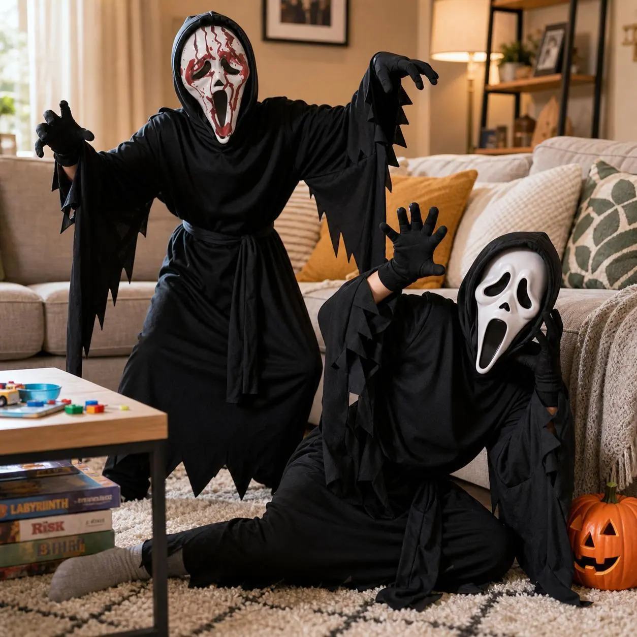 Kids Adult Bleeding Ghostface Scream Costume, Horror Movie Hooded Robe with Bloody Mask & Gloves, Scary Outfit for Halloween Cosplay Party
