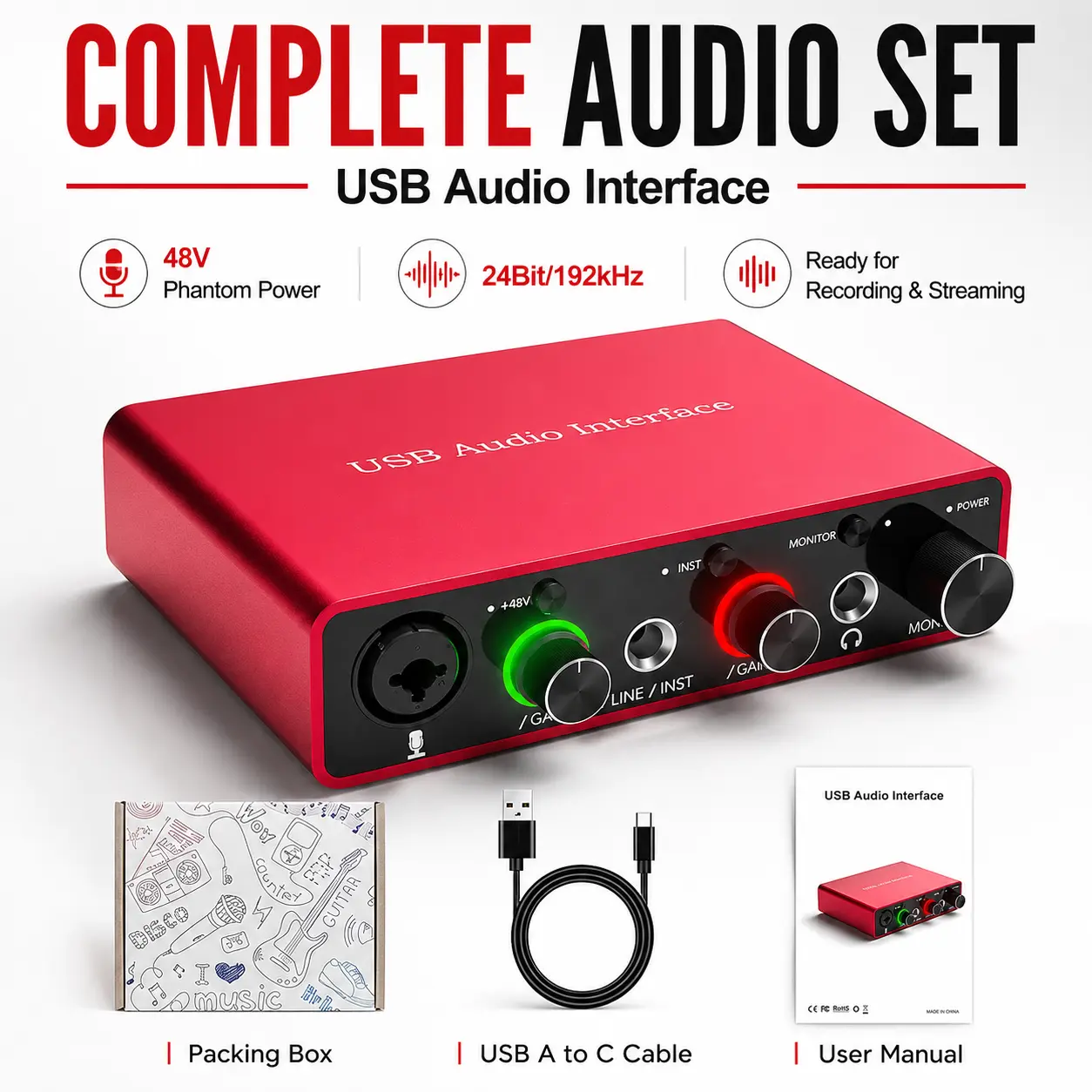 Professional USB Recording Interface, 24Bit 192kHz High Resolution Audio Converter with 48V Phantom Power, XLR Microphone Input for Studio Recording, Gaming, Streaming & Podcasts
