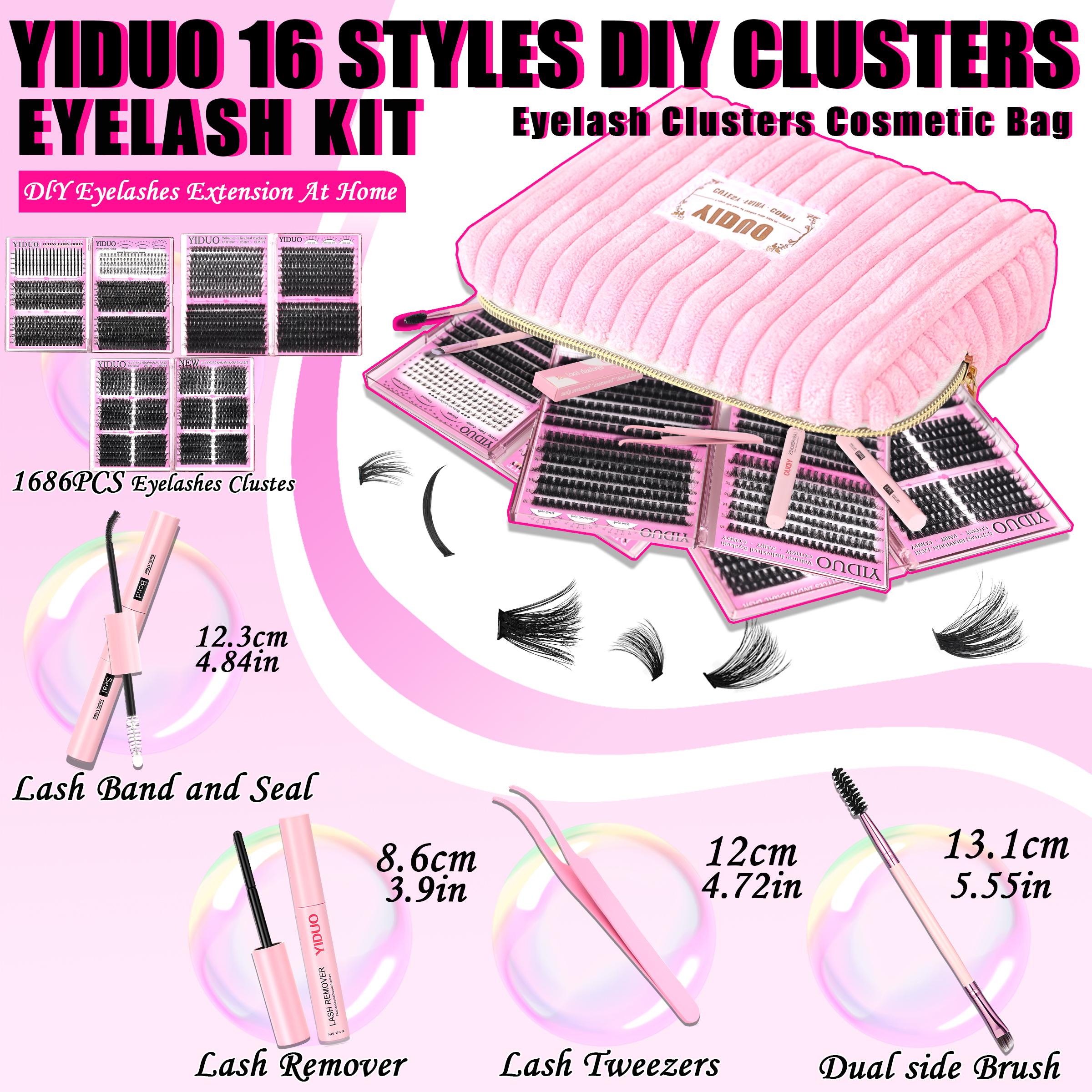 6 Styles Lash Clusters Kit Makeup Bag Kit 1868pcs Large Capacity Eyelash Extensions Volume/Mega/Full/Spikes/Bottom Lashes Clusters Kit Bulk Packs 5-20mm D Curl Wispy Individual Lash Clusters Kit with Bond&Seal DIY at Home Easily gifts DIY Eyelashes Kit