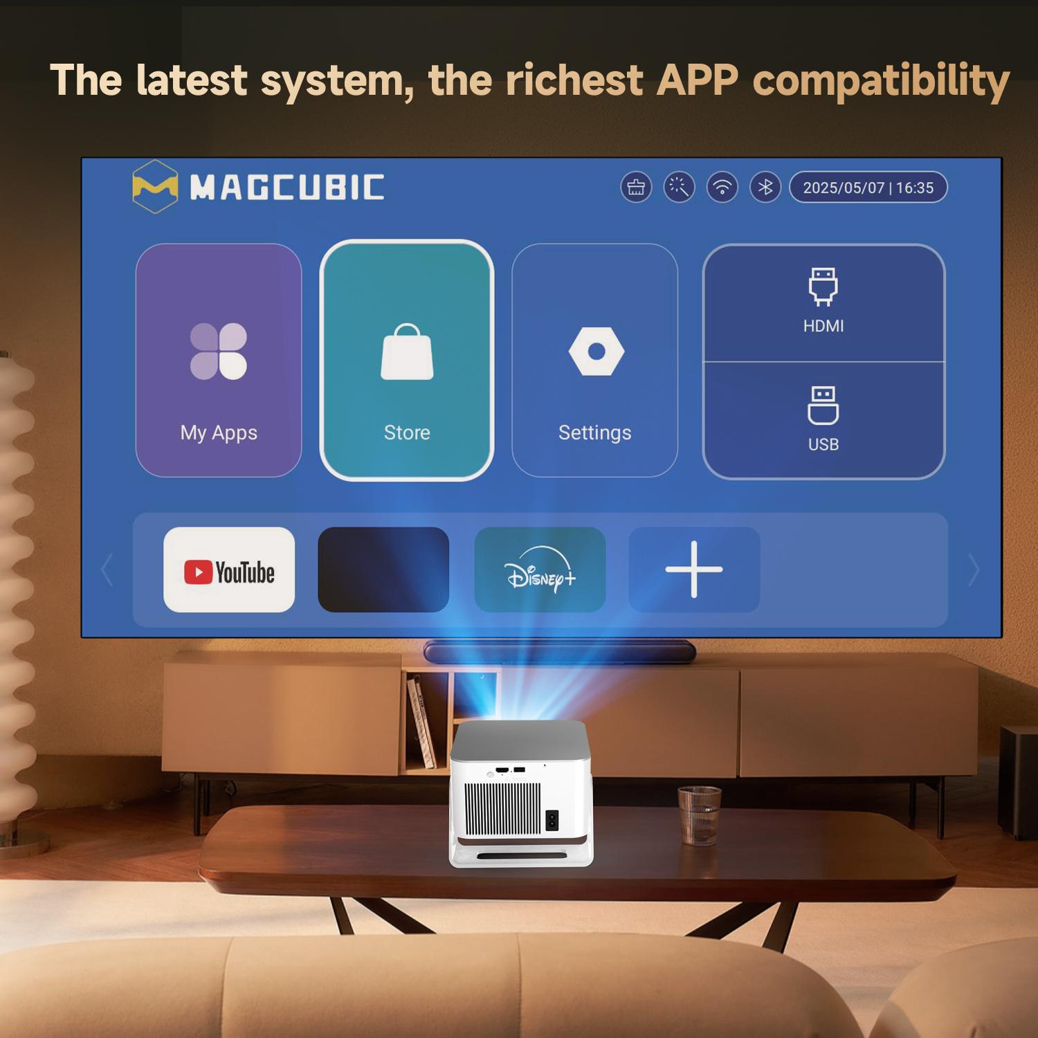 [US warehouse] Magcubic HY350MAX Projector 900ANSI Auto Focus 8K Decode Android 14 Allwinner H726 Built-in 15W HiFi Speaker Dual WiFi6 BT5.4 Native 1080P 1.0:1 short Throw Portable Smart Projector For Home Cinema Movie Night, Gift, Summervibes