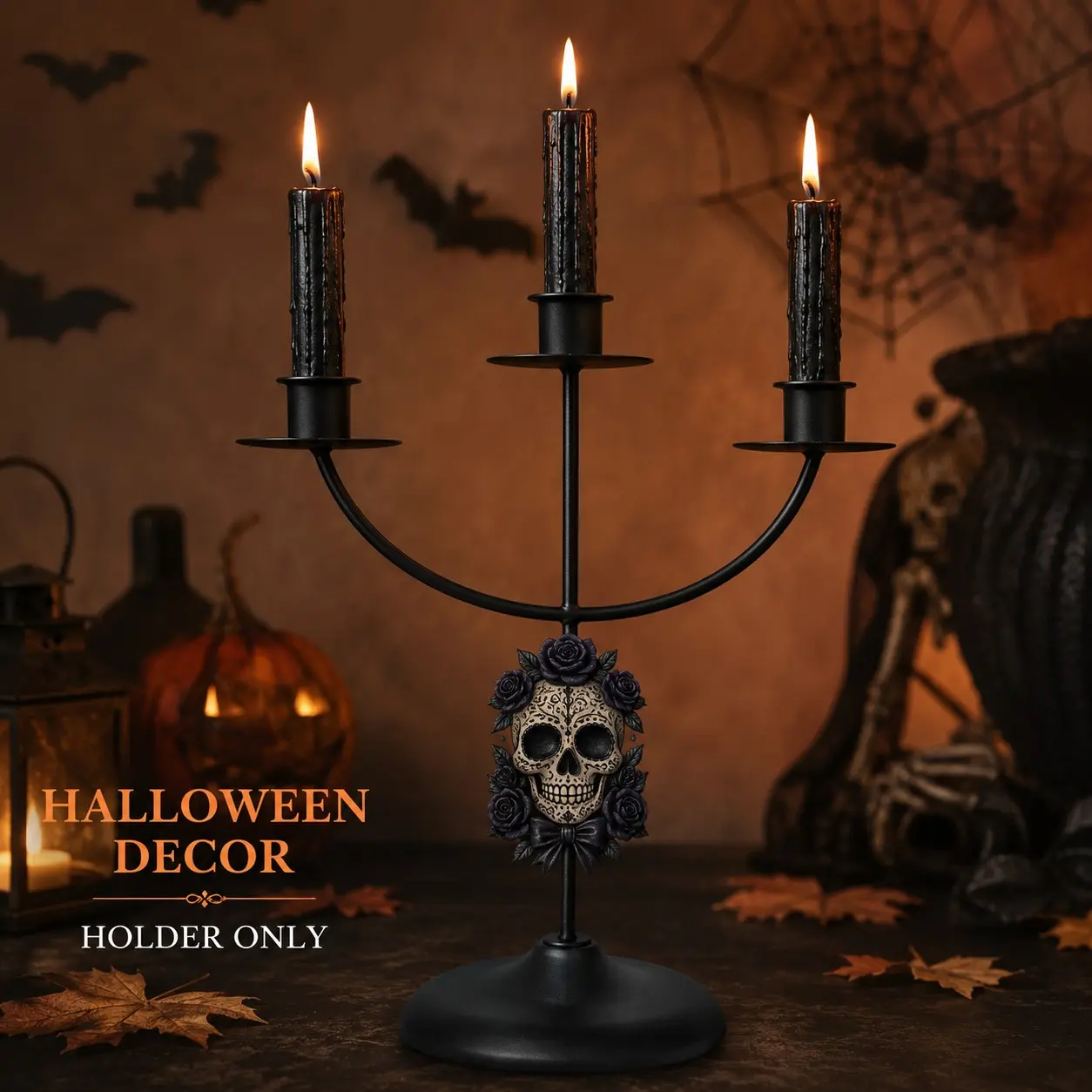 1 Piece Halloween Gothic Rose Sugar Skull Iron Three Arm Candle Holder for Home Dining Table Mantel Entryway Party Holiday and Everyday Decor Stable Base Black Vintage Style Fits Taper Candles