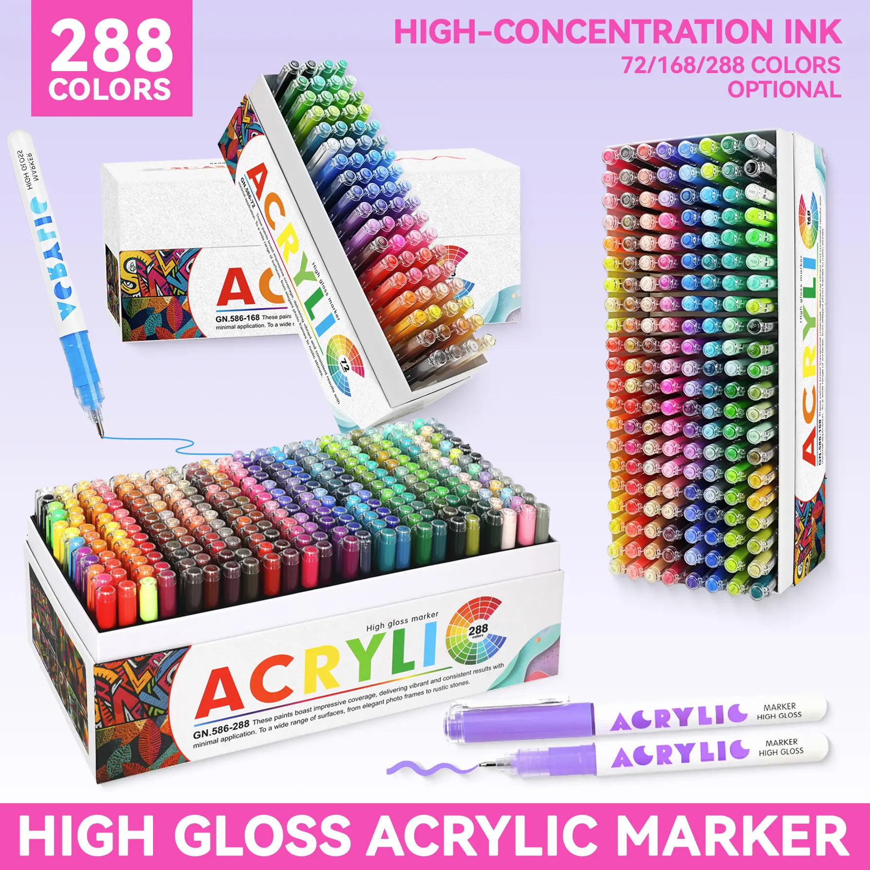Guangna High Light Acrylic Gel Pen Set, 72/168/288 Colors, 1.0mm Hard Tip, High Concentration Ink, Ideal for Wood, Ceramic, Metal, Glass, Rock Art