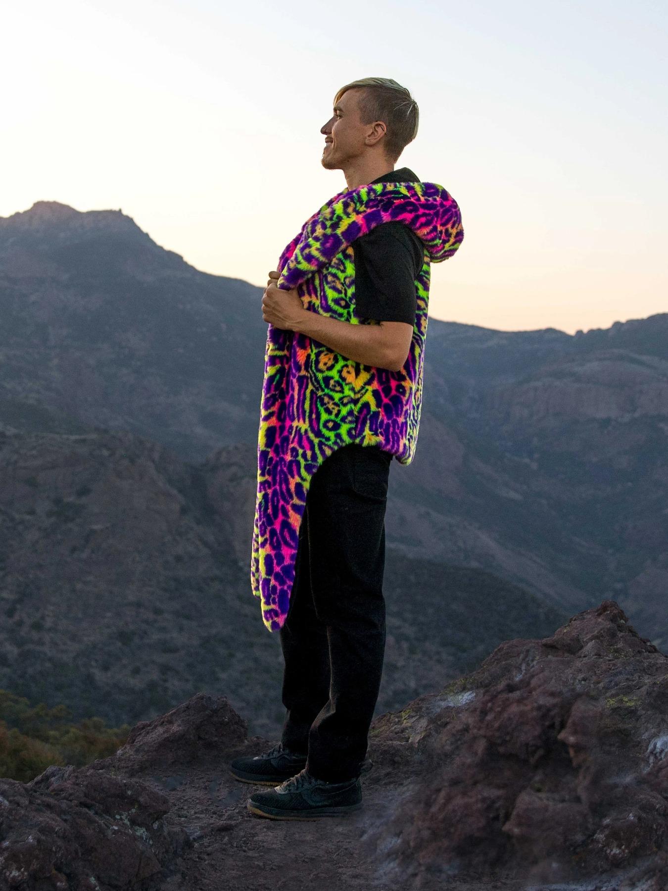 Men's Street Style Vest Short Neon Leopard Faux Fur Jacket, Hooded Windproof Warm Coat, Soft Polyester Interior, Spring & Fall Fashion