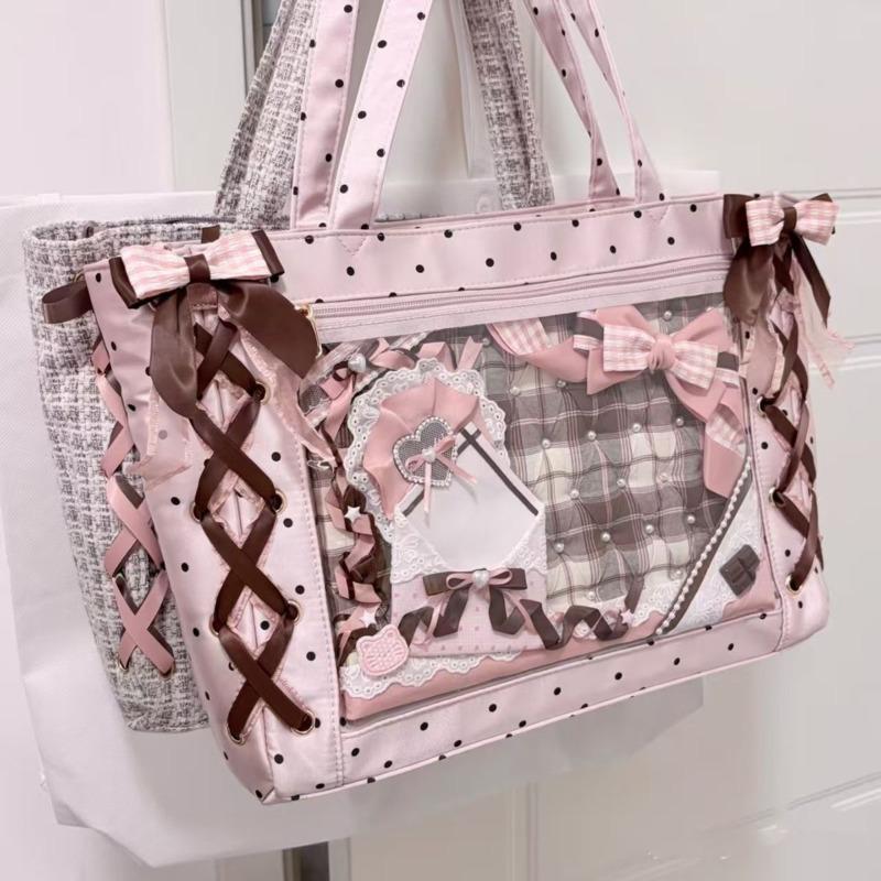 New Ribbon Lolita Sweet Shoulder Bag Cute Polka Dot Y2k Handbag Bows Kawaii Teenage Girl Itabag Fashion Large Capacity Tote Bag