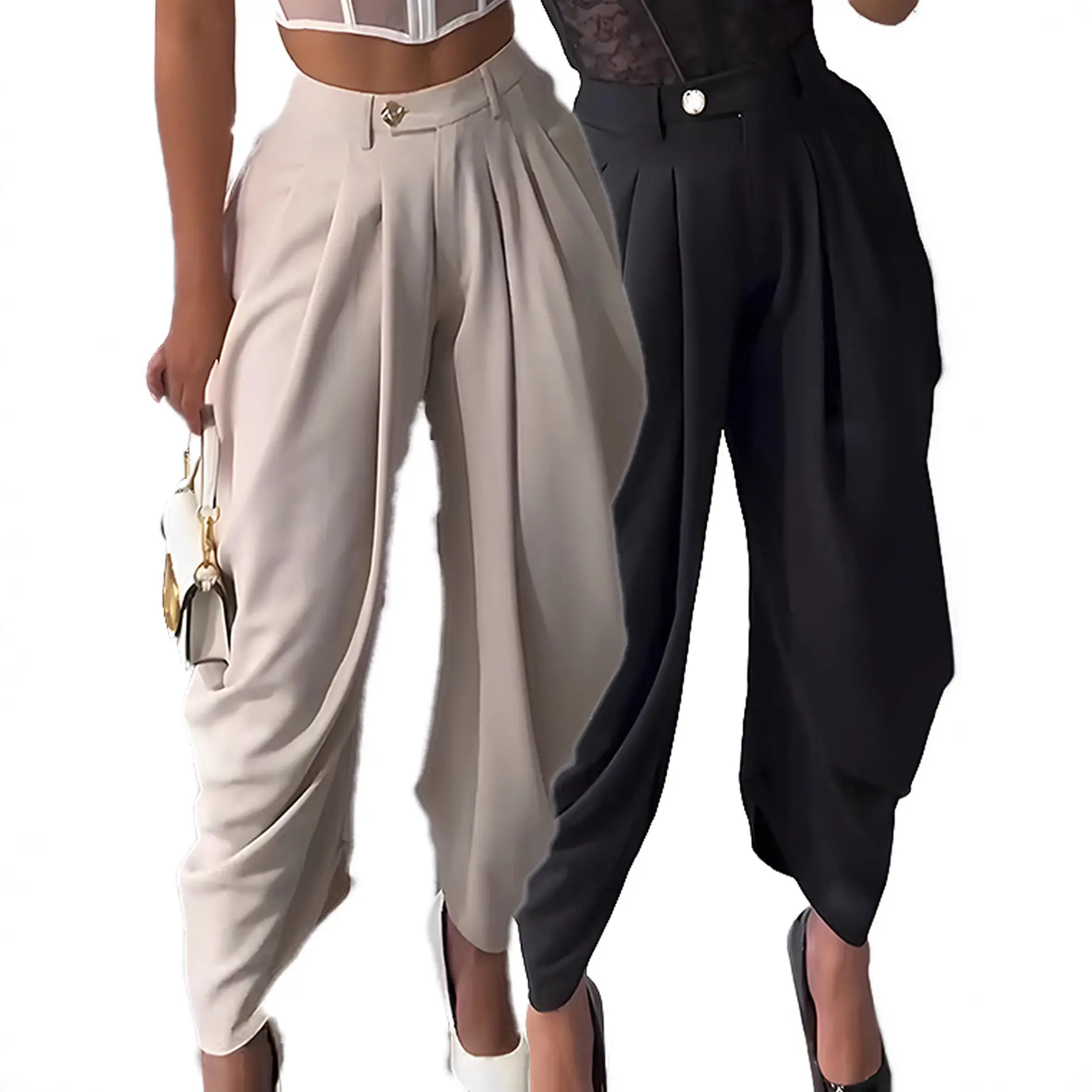 Women New Solid Color Bloomers High Waist Pants, European American Style Sexy Urban Casual Wide Leg Cropped Ankle Length Trousers, Fashion Loose Fit Office Daily Streetwear Bottoms For Ladies