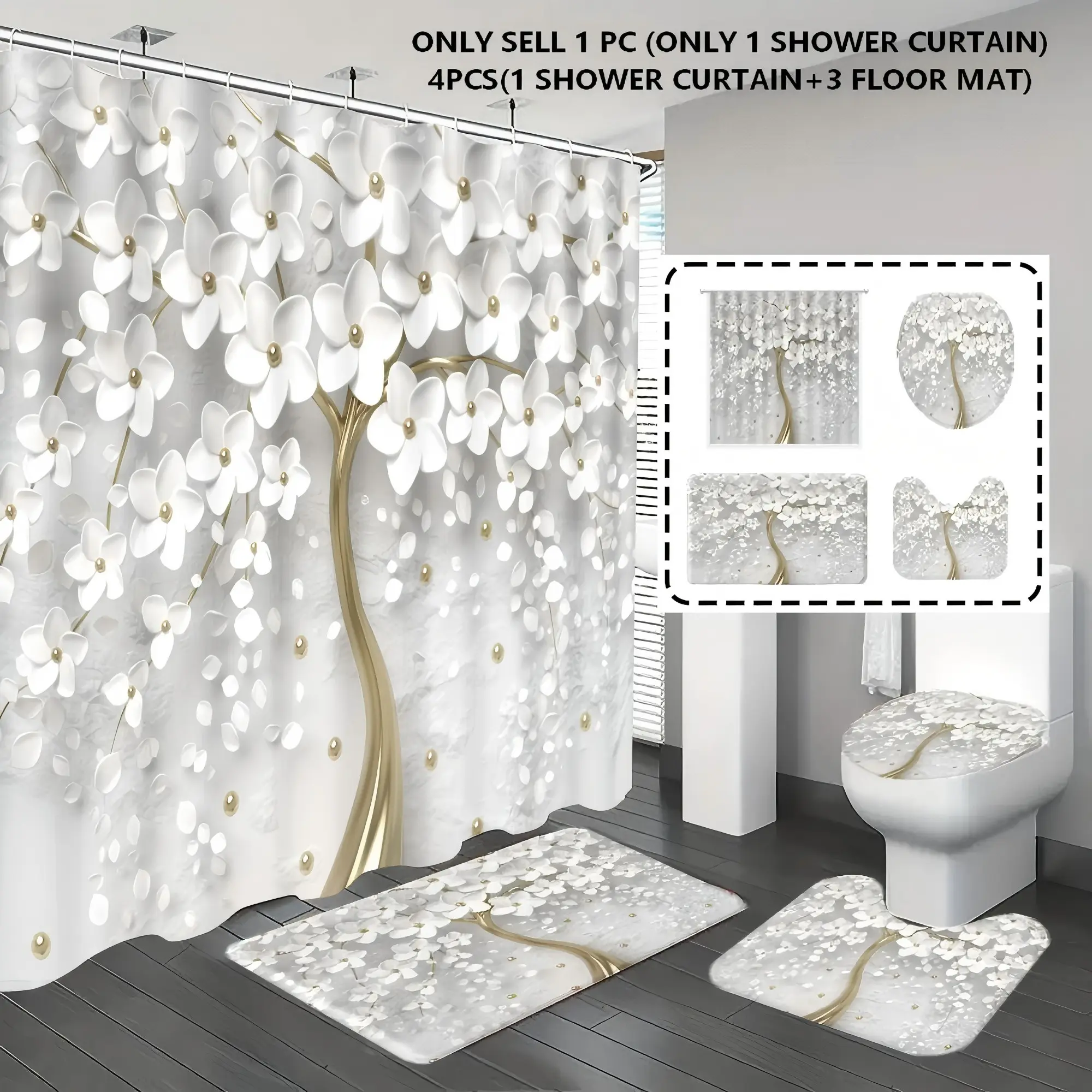 1pc/4pcs, Bathroom Decoration Accessories, Restroom, bathroom set, shower curtains, bathroom rug, bathroom mat, white flower pattern, Floral shower curtain, Decorative Shower Curtain, simple and luxurious decoration, with 12 hooks, Shower Curtain Sets