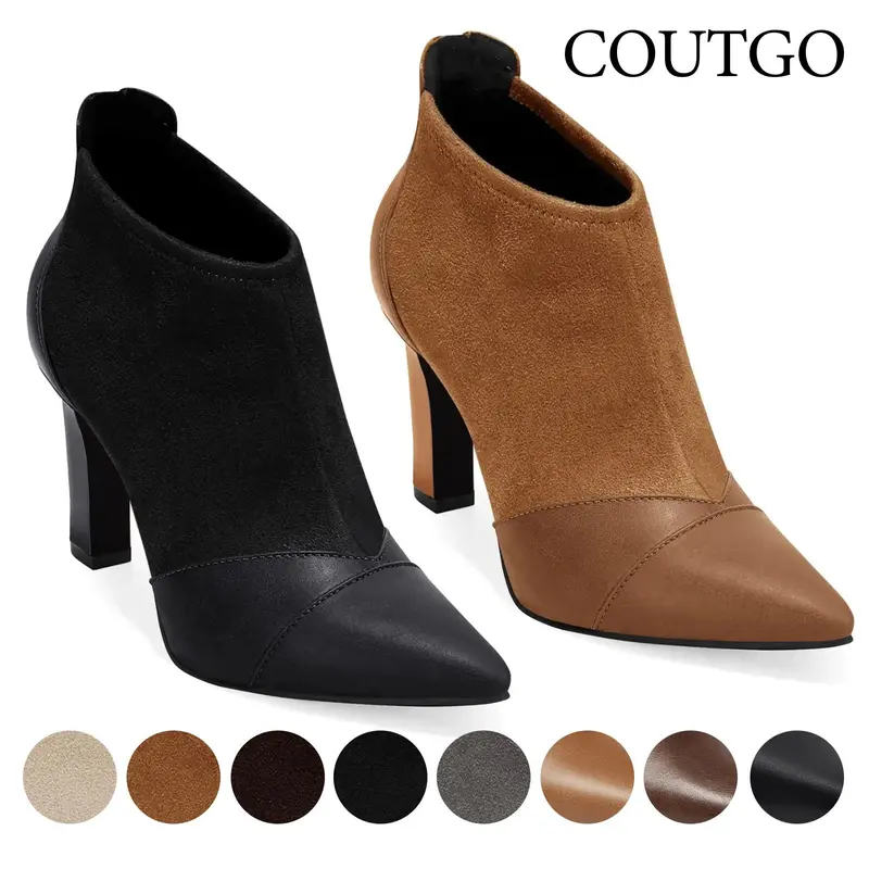 Coutgo Womens Ankle Booties Dress Boots Pointed Toe Stiletto High Heel Splicing Booties Shoes with Back Zipper