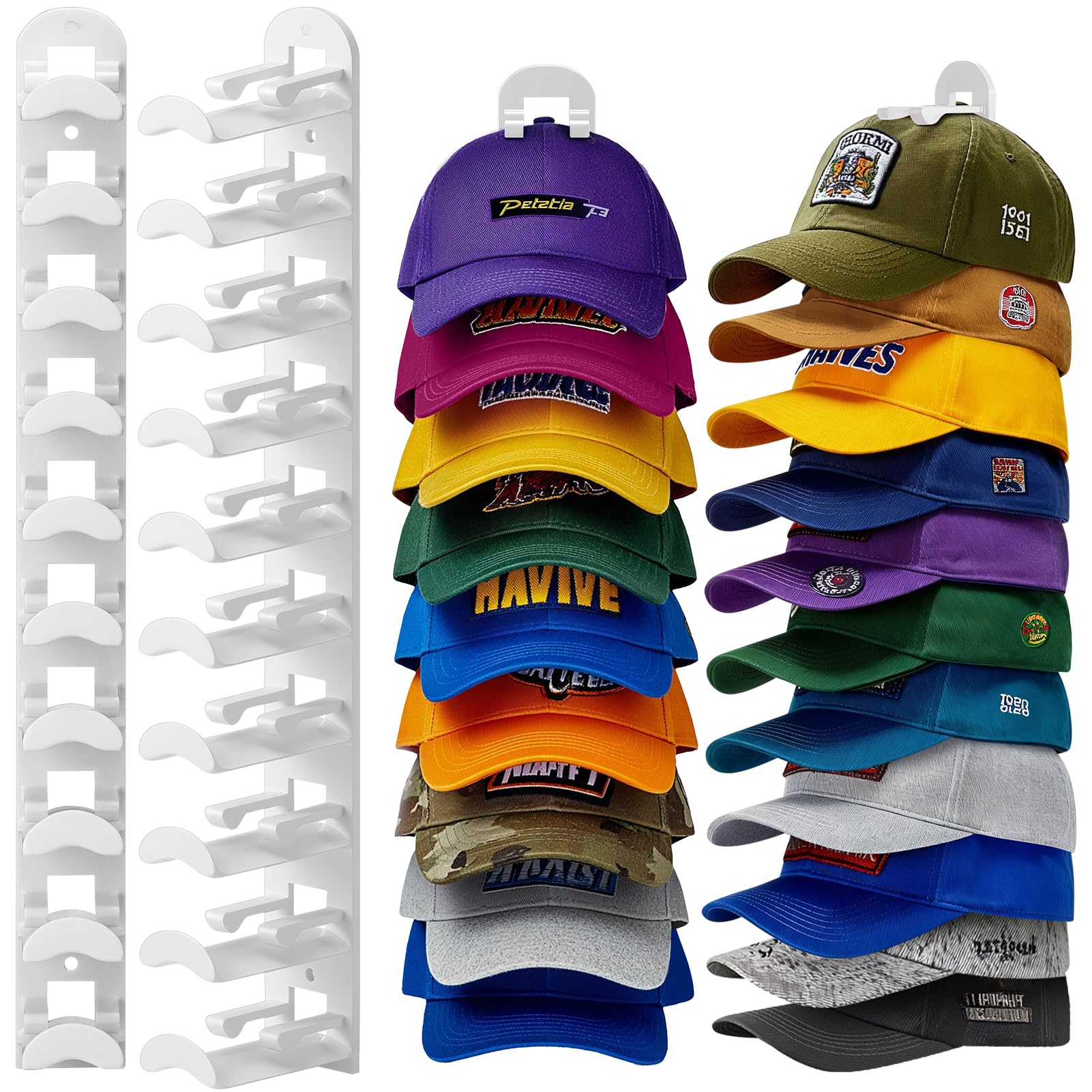 Multi-Piece Baseball Cap Storage Rack, Wall-Mounted Hat Hanger Holder Holds 20 Hats, Includes Strong Adhesive & Screws, Ideal for Door, Closet, Bedroom