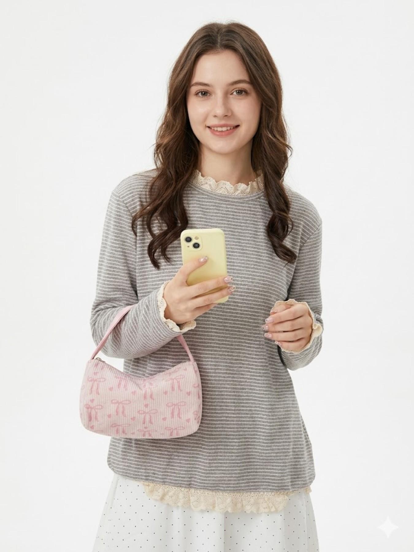 2026 Cute Pink Bow Makeup Bag, Corduroy Cosmetic Organizer Pouch, Large Capacity Travel Toiletry Bag, Portable Vanity Case for Girls