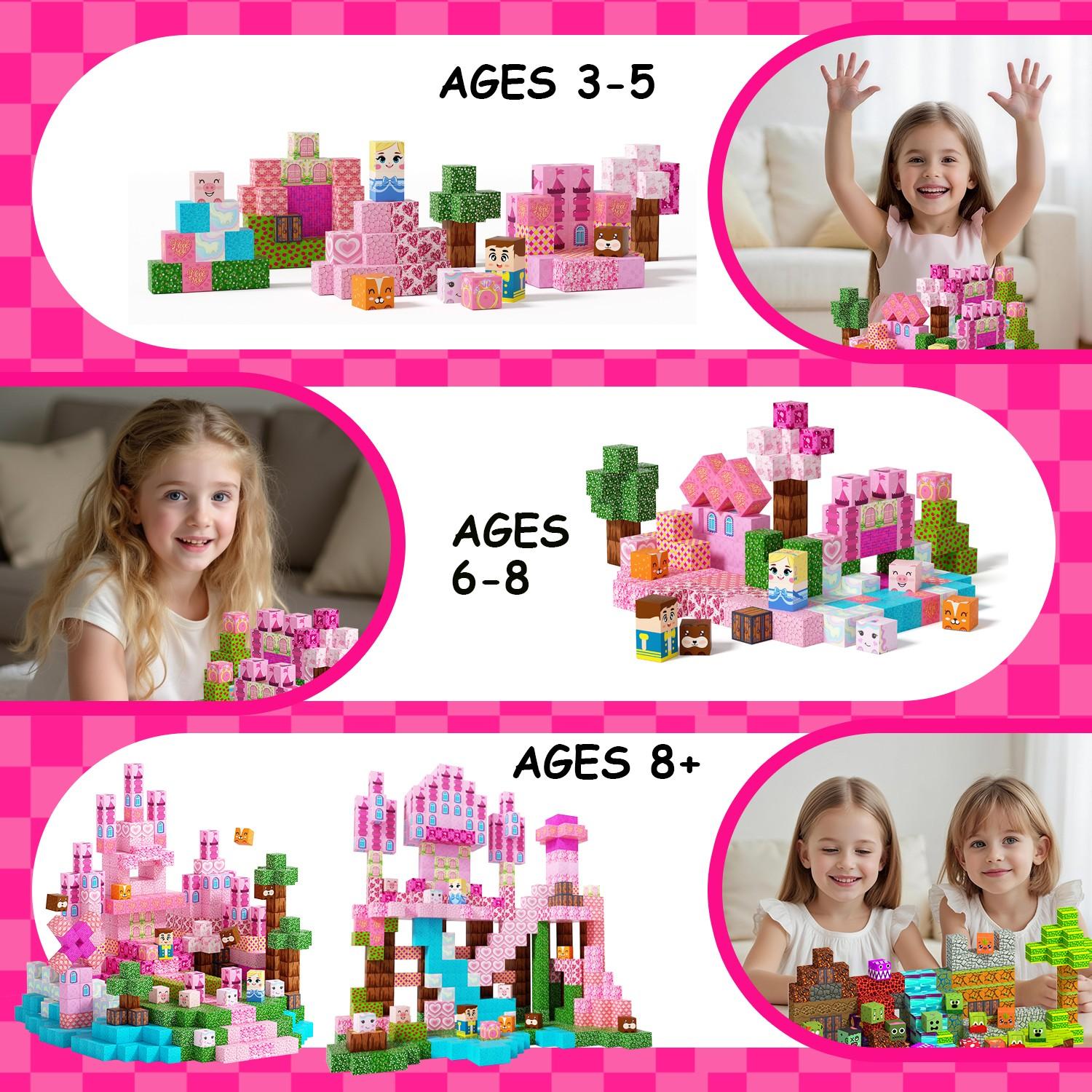 Magnetic Blocks 100/150/200 PCS - Large Magnetic Building Blocks for Kids Ages 3-8, Pink Princess Castle Magnetic Tiles Set, STEM Montessori Sensory Toys, Magnetic Cubes for Spatial Thinking, Creative Educational Gift for Boys & Girls