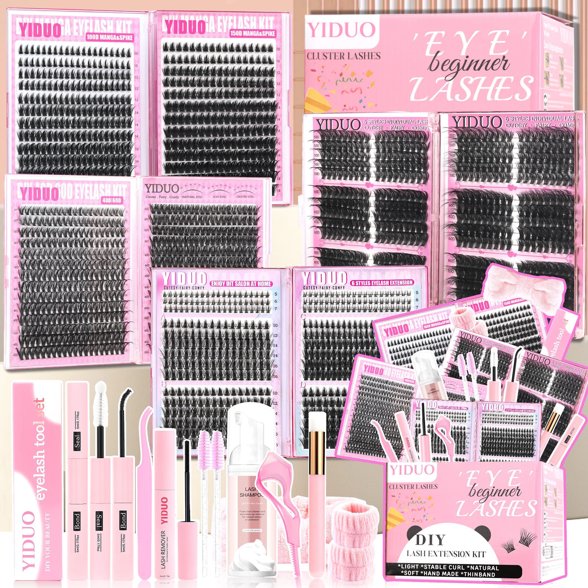 2102pcs/set Mixed Styles Lash Clusters Kit, 13 Styles Fairy A/B, Volume 40D/50D/60D/100D/150D and Bottom Eyelash Clusters Extensions with Bond and Seal, Makeup Tools for Beginners and Proficient, DIY at Home with Eyelash Extension Tweezers